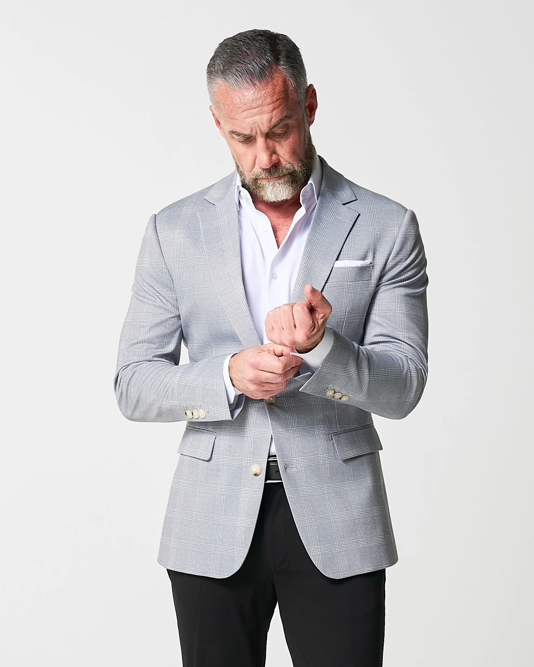 Athletic Fit Stretch Blazer - Ash Grey with White Plaid