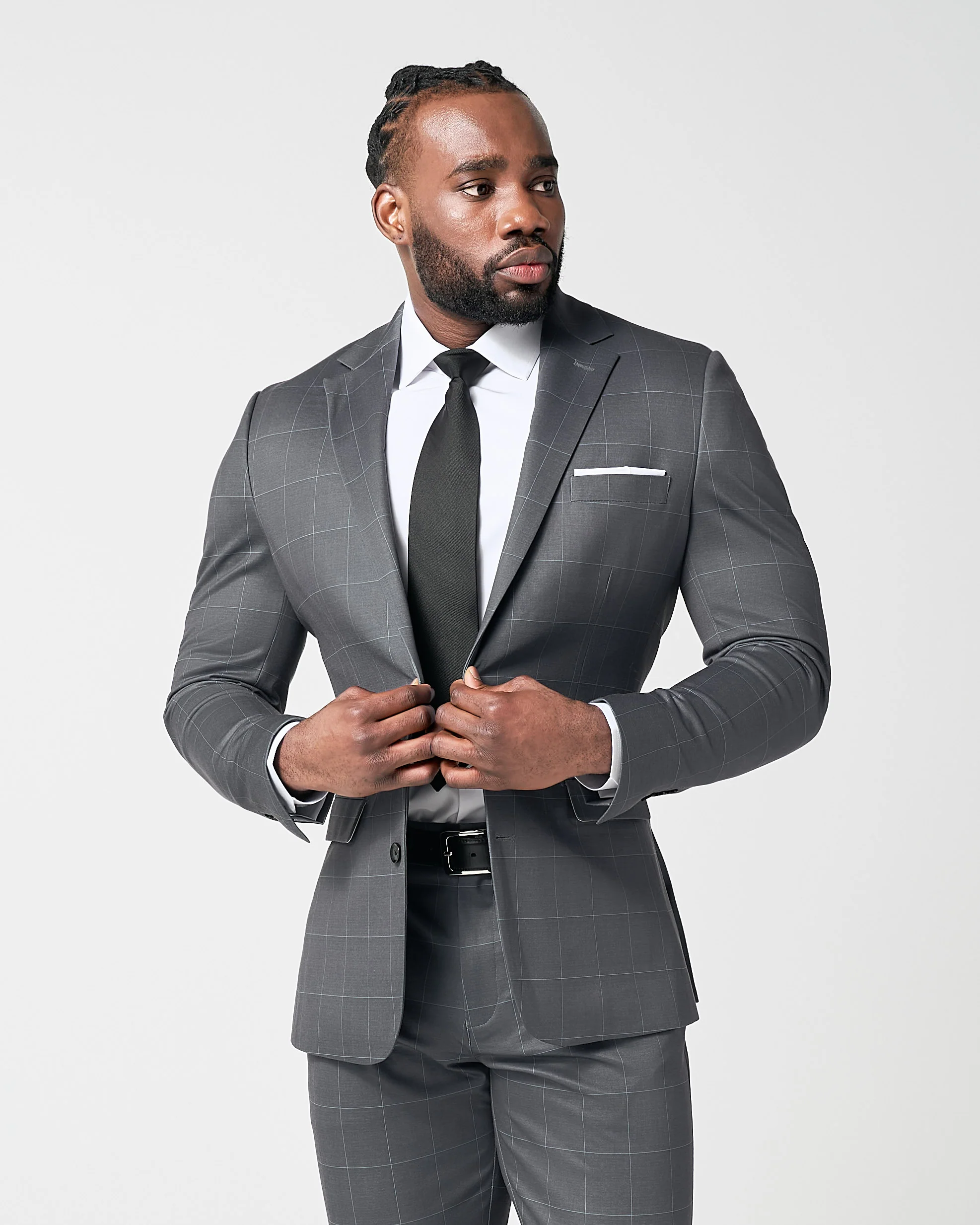 Athletic Fit Stretch Blazer - Grey and White Big Windowpane - Image 7