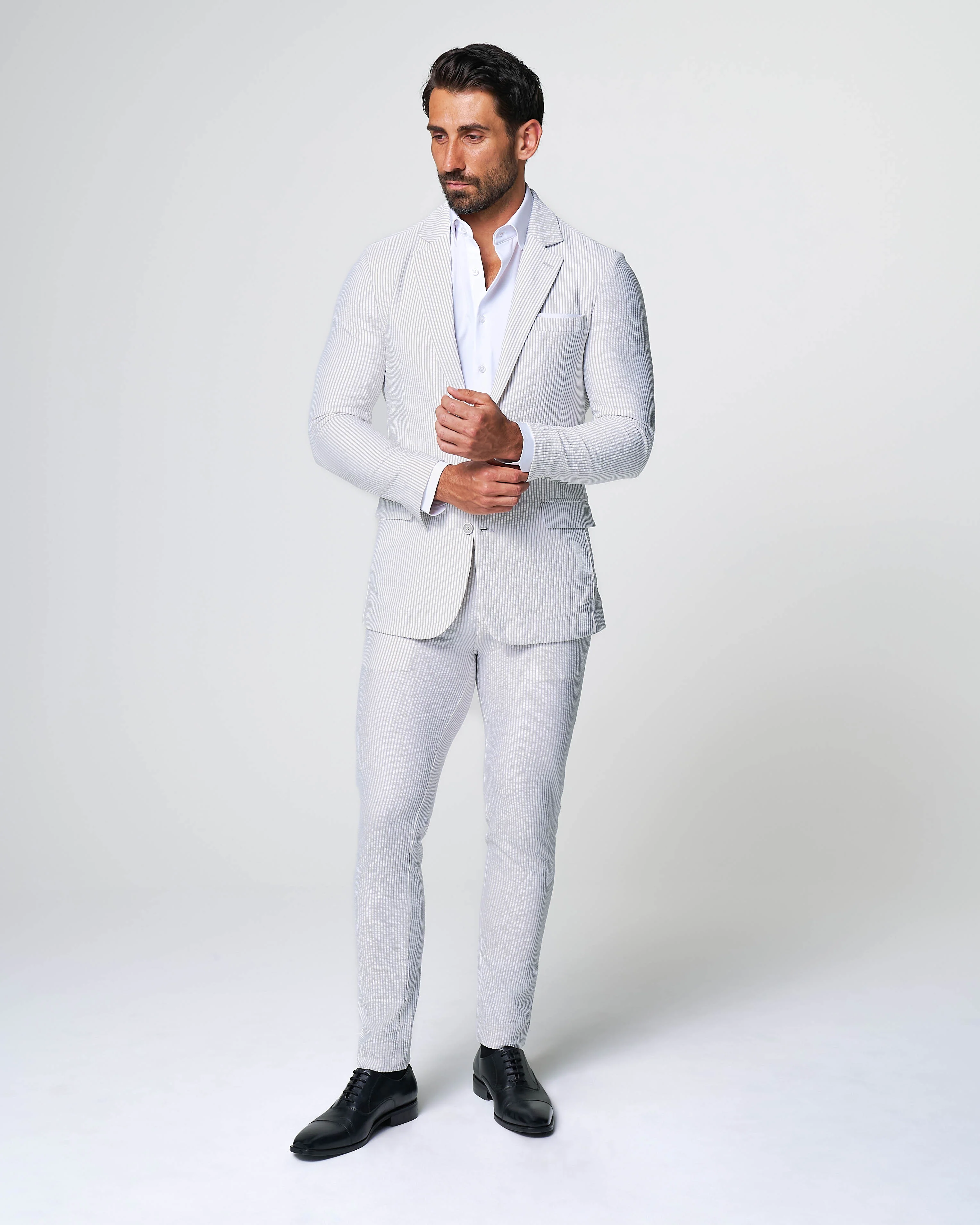 Athletic Fit Stretch Blazer - Grey & White Seersucker - Image 4