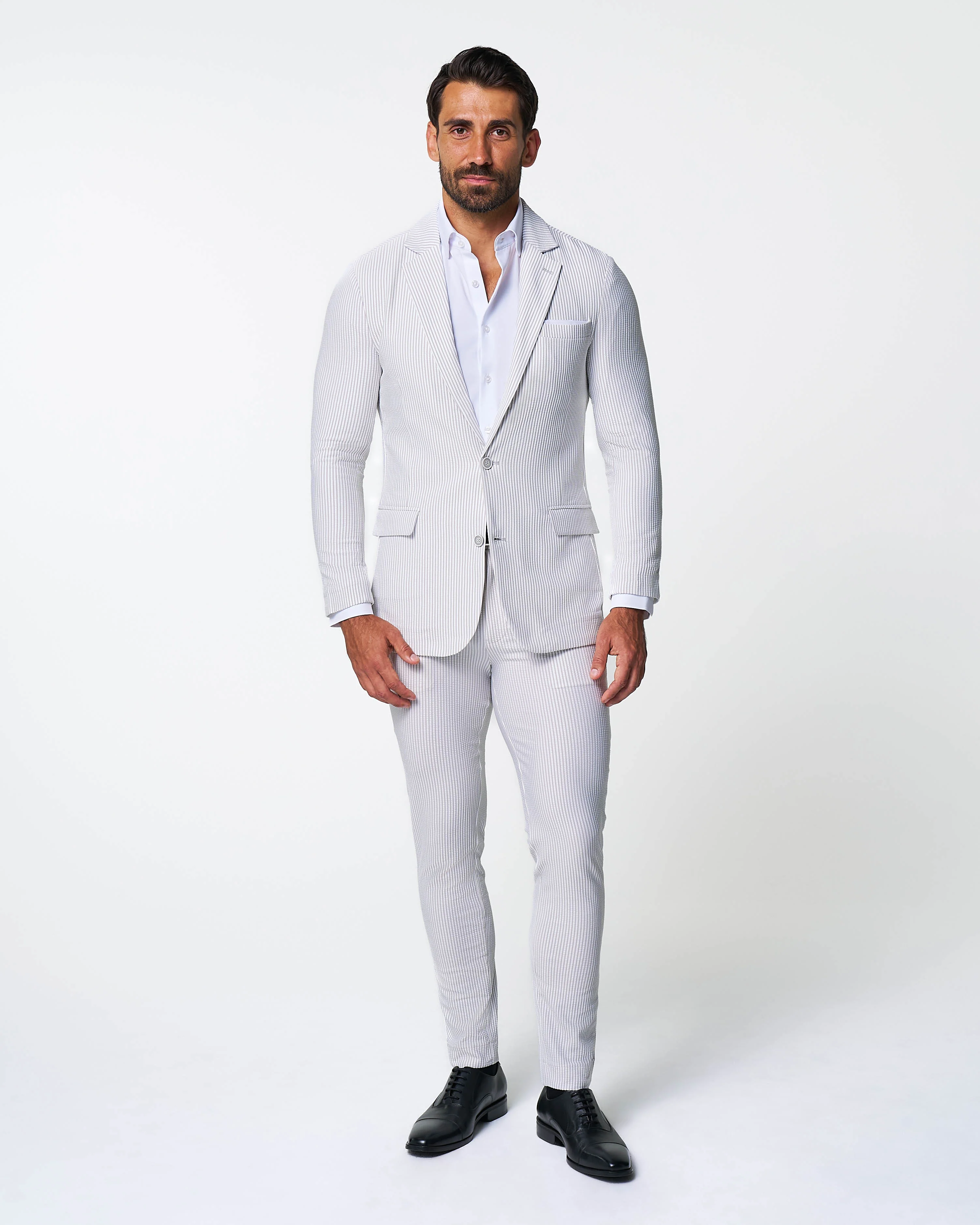 Athletic Fit Stretch Blazer - Grey & White Seersucker - Image 5