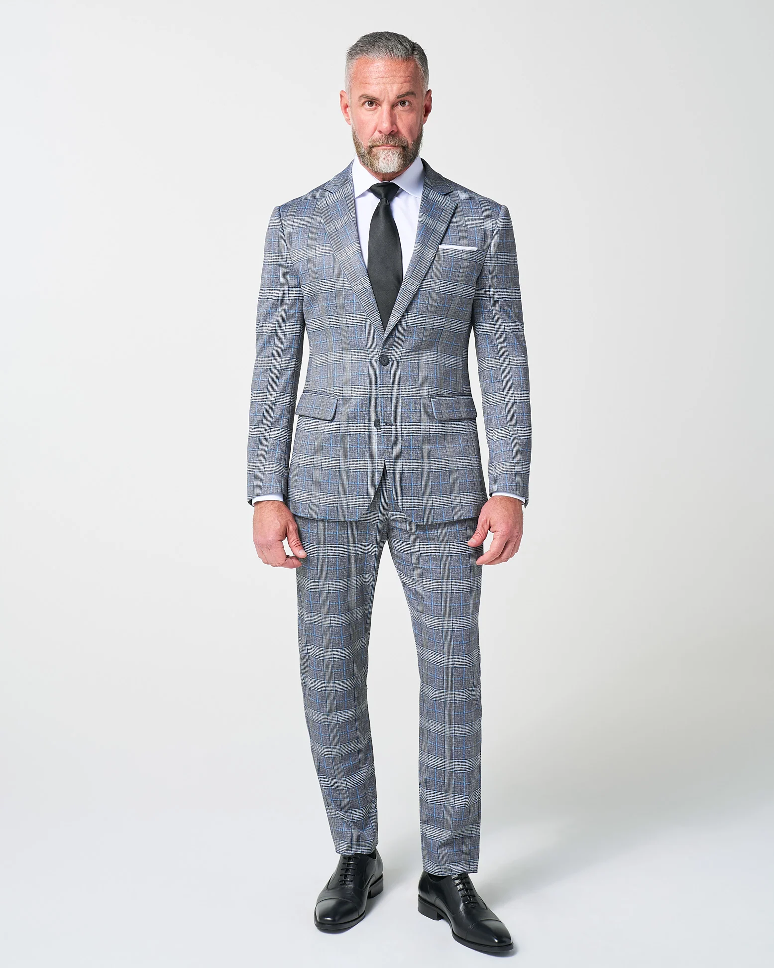 Athletic Fit Stretch Blazer - Grey with Blue Plaid - Image 3