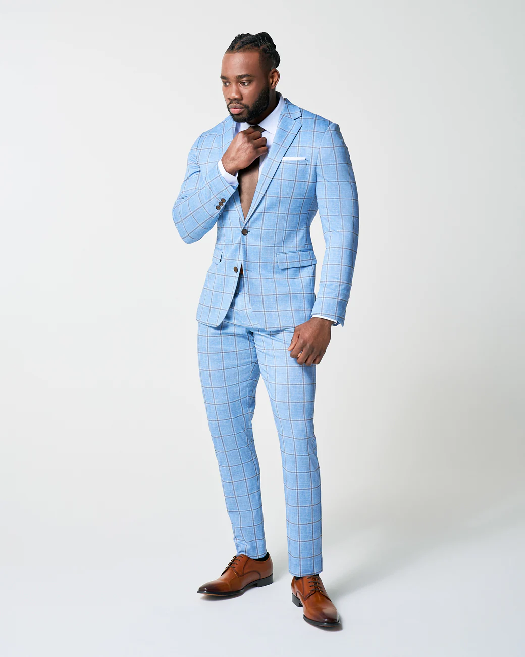 Athletic Fit Stretch Blazer - Light Blue and Brown Big Windowpane - Image 5