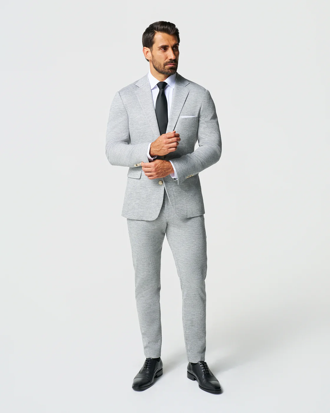 Athletic Fit Stretch Wool Blazer - Light Grey with White Mini Stripe - Image 3