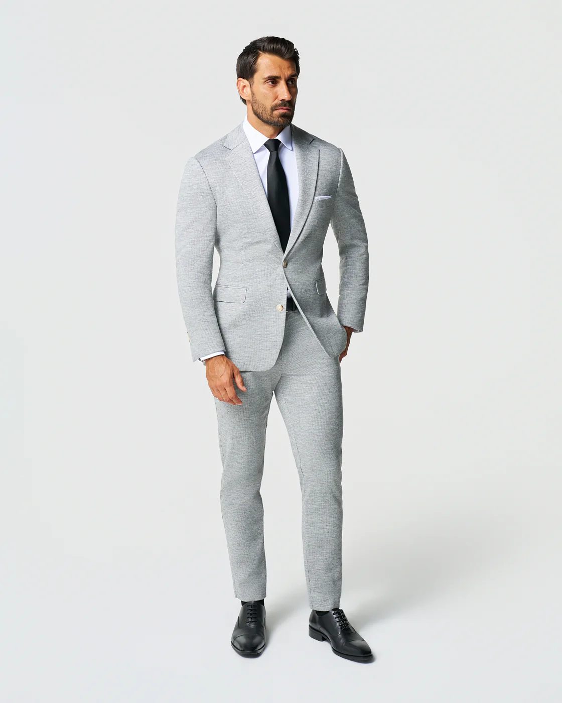 Athletic Fit Stretch Wool Blazer - Light Grey with White Mini Stripe - Image 5