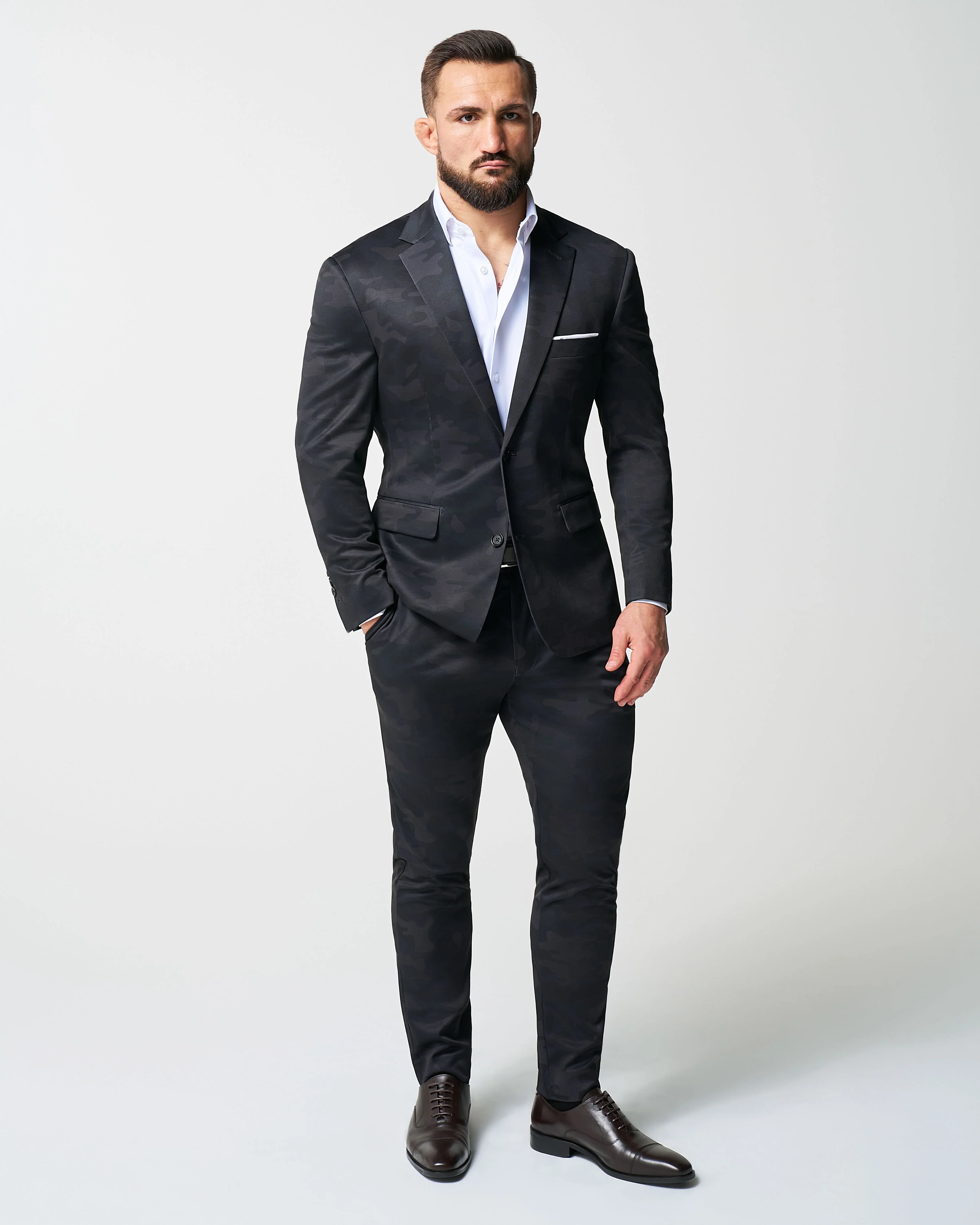 Athletic Fit Stretch Suit - Black and Grey Camo