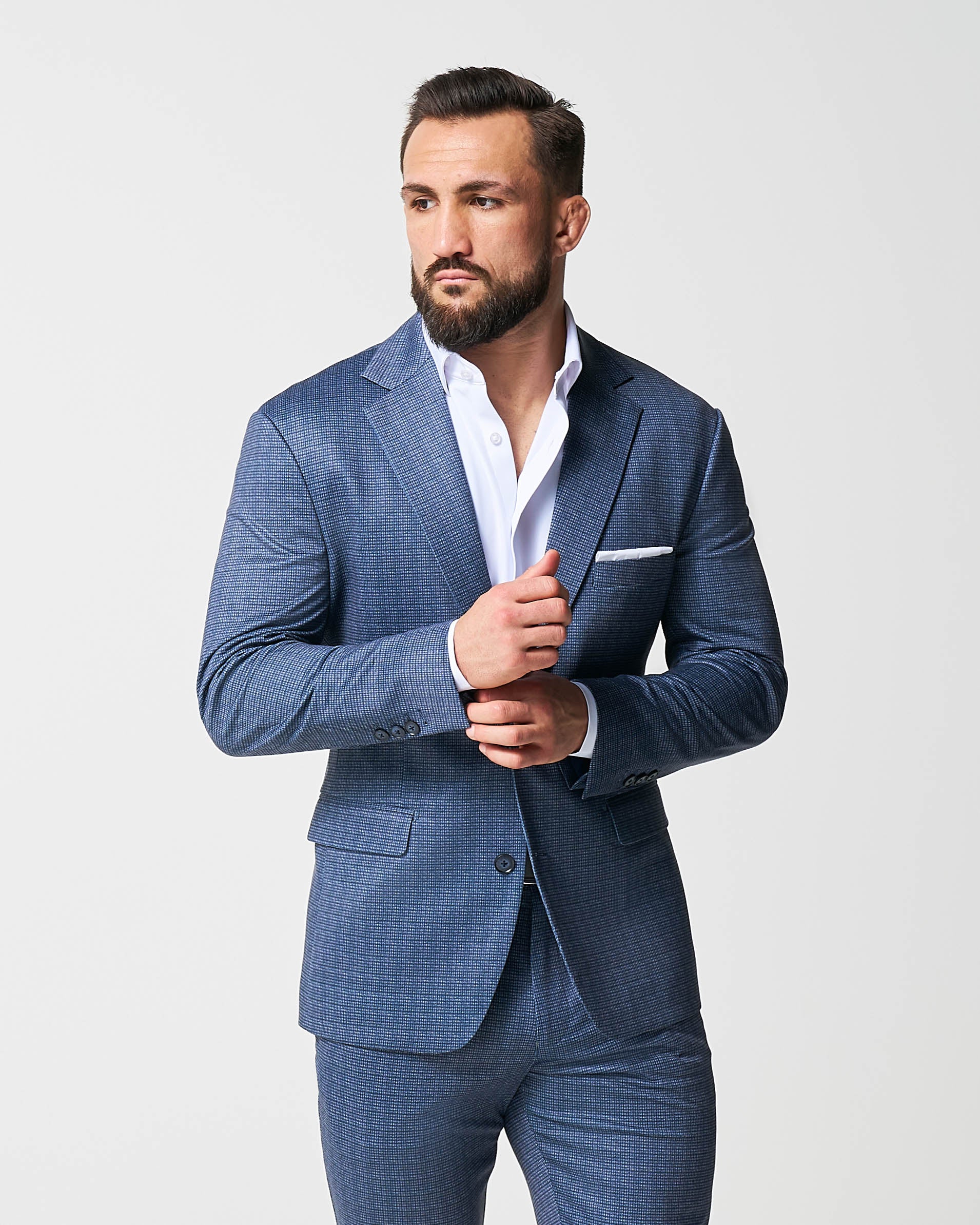Athletic Fit Stretch Suit - Blue Mini Windowpane with Light Grey Microcheck - Image 2