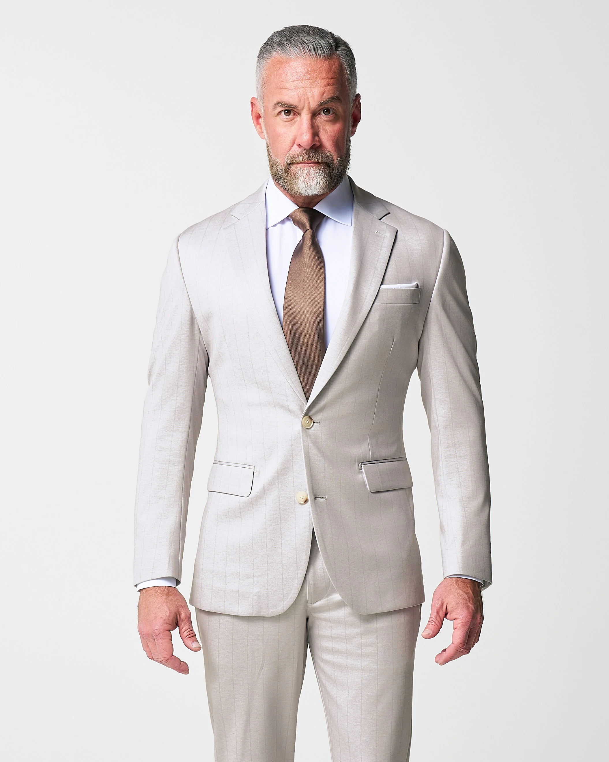 Athletic Fit Stretch Suit - Bone with Tan Stripes - Image 3