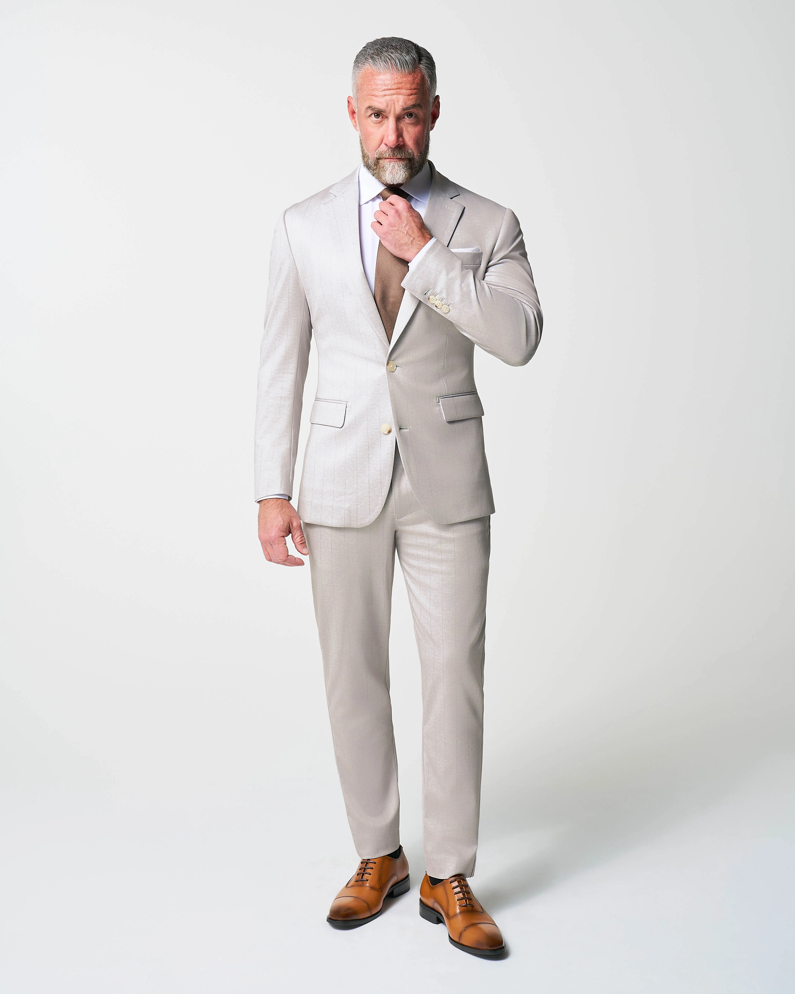Athletic Fit Stretch Suit - Bone with Tan Stripes - Image 7