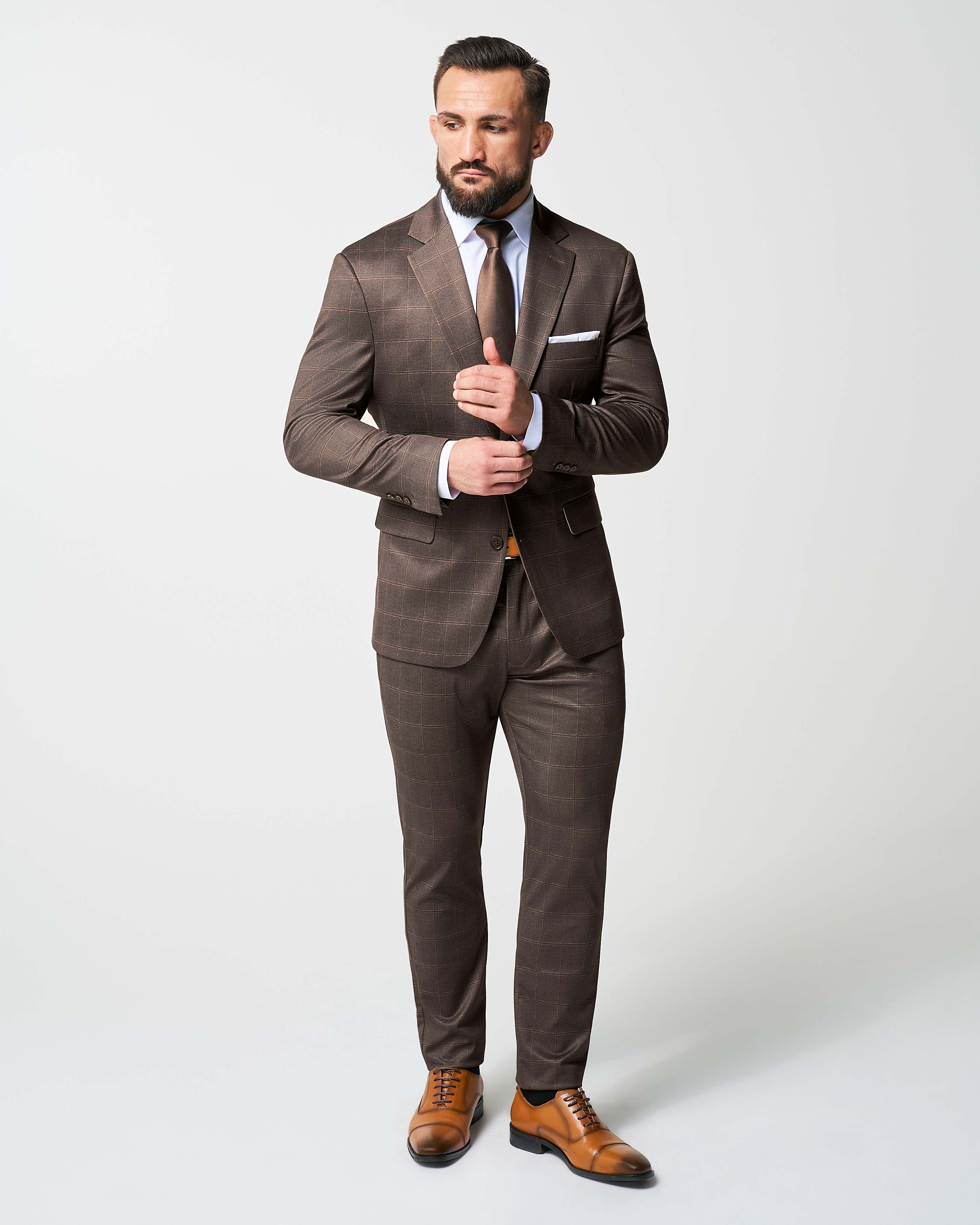 Athletic Fit Stretch Suit - Bronzed Brown Big Windowpane - Image 8
