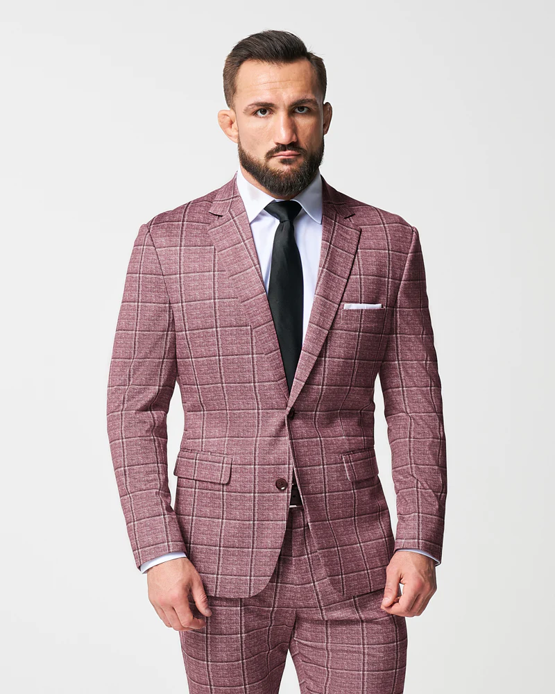 Athletic Fit Stretch Suit - Crimson with Burgundy Big Windowpane - Image 2