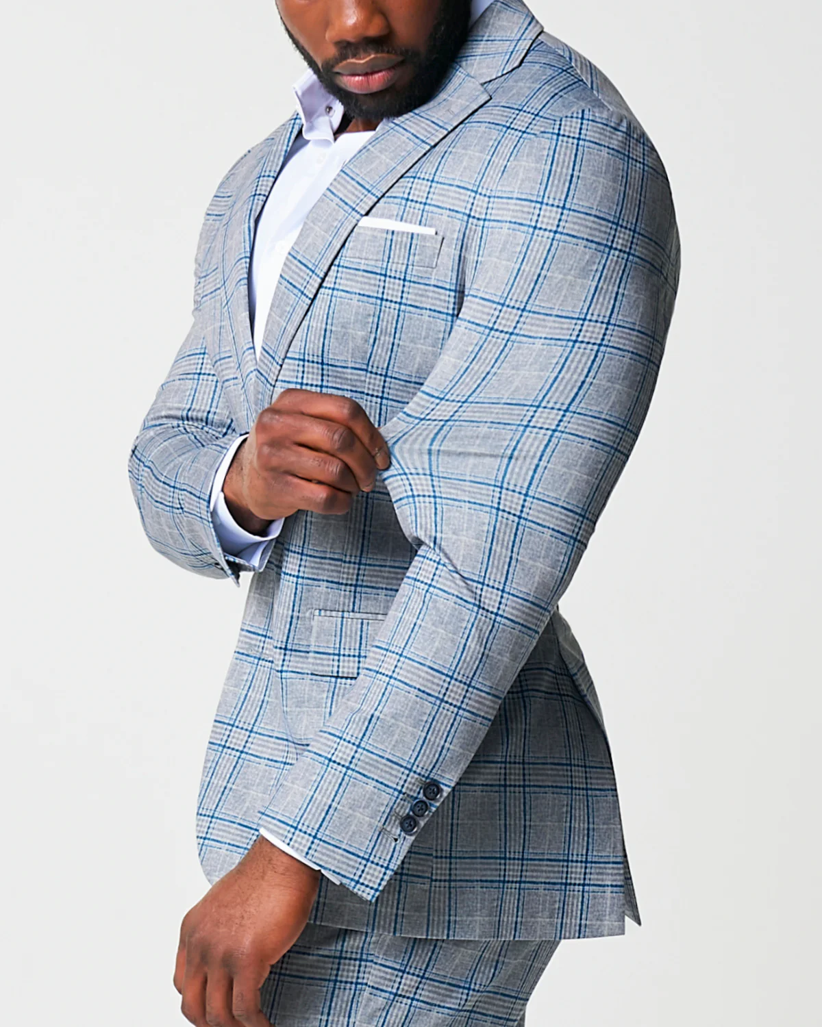 Athletic Fit Stretch Suit - Grey & Royal Blue Plaid - Image 3