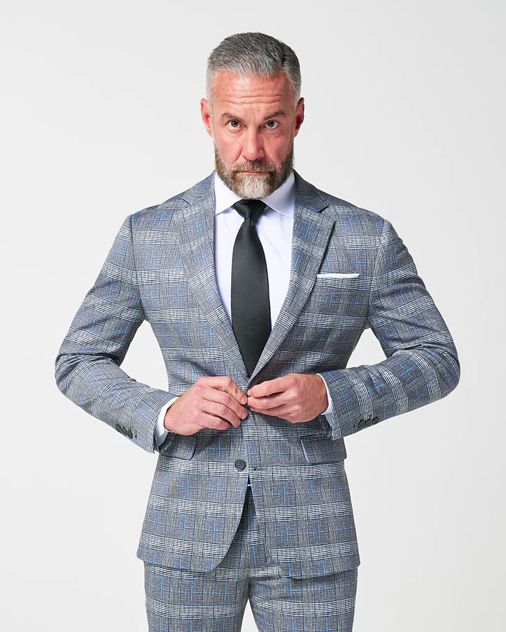 Athletic Fit Stretch Suit - Grey with Blue Plaid - Image 3