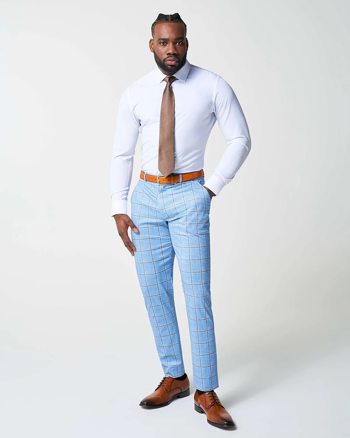 Athletic Fit Stretch Suit - Light Blue and Brown Big Windowpane - Image 5