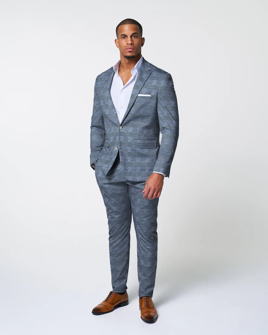 Athletic Fit Stretch Suit - Knit Light Blue, Navy & White Plaid