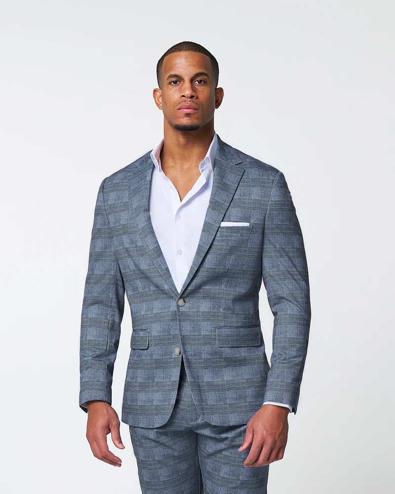 Athletic Fit Stretch Suit - Knit Light Blue, Navy & White Plaid - Image 2