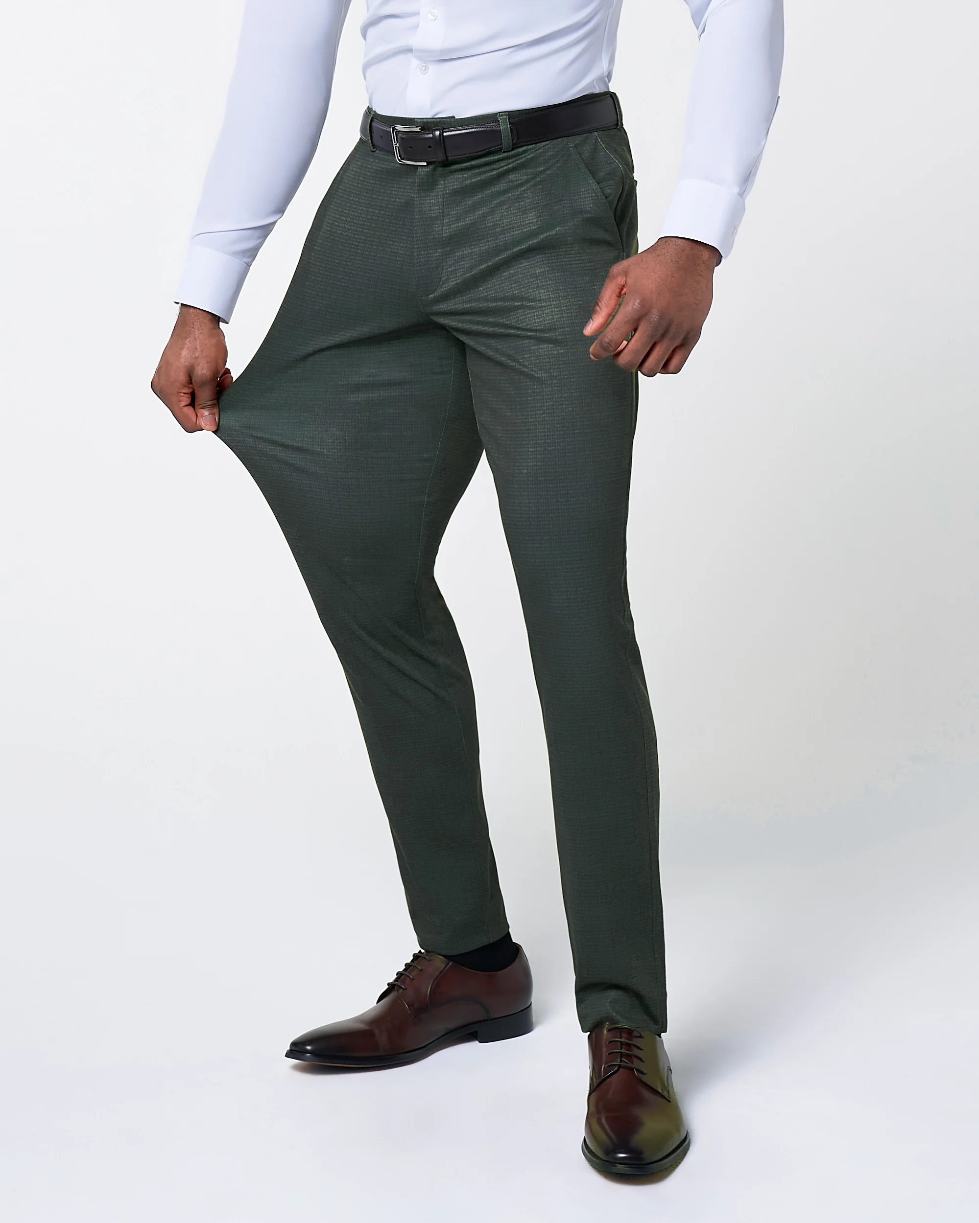 Athletic Fit Stretch Suit Pants - Army Green Microcheck - Image 2