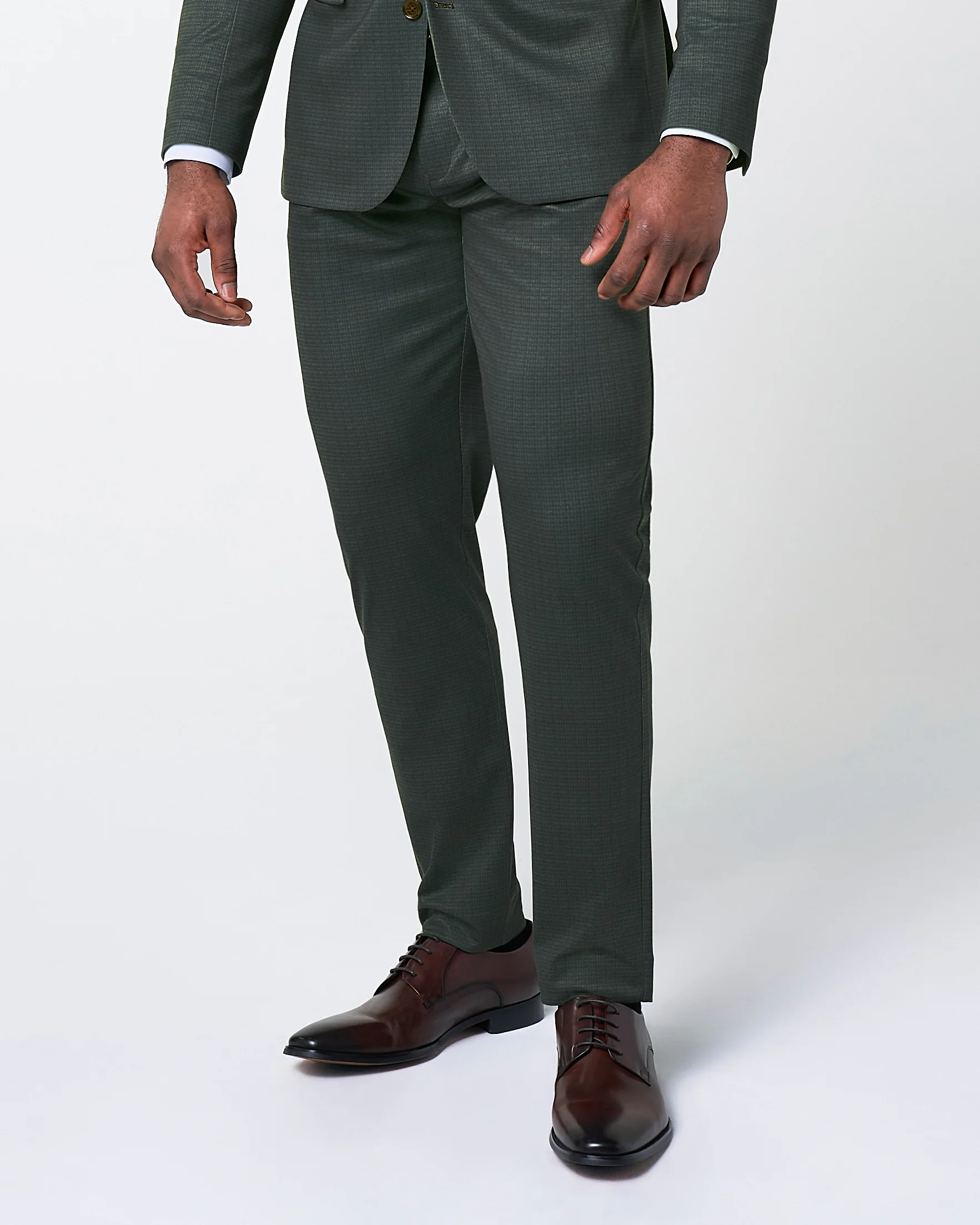 Athletic Fit Stretch Suit Pants - Army Green Microcheck - Image 3
