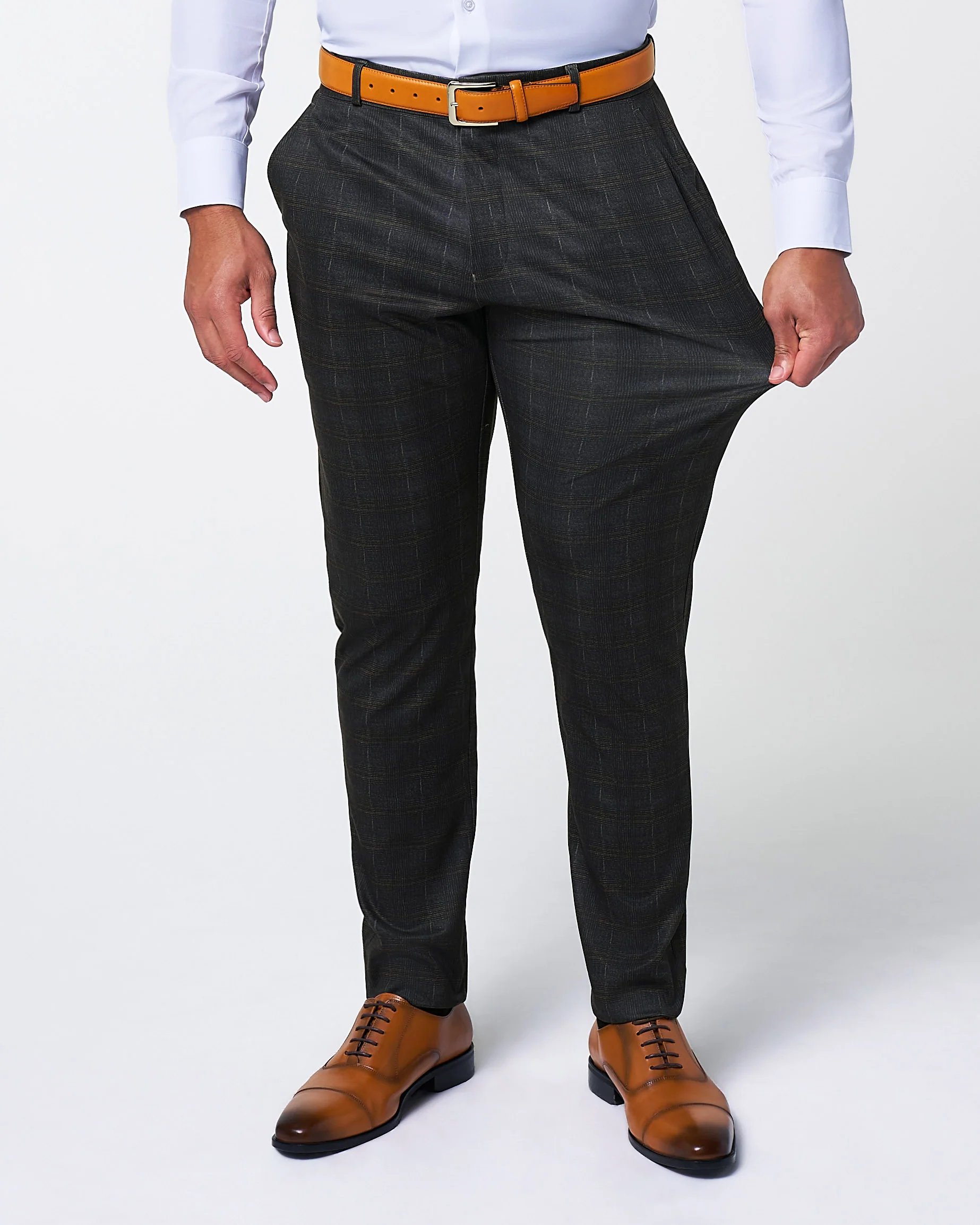 Athletic Fit Stretch Suit Pants - Brown Plaid - Image 2