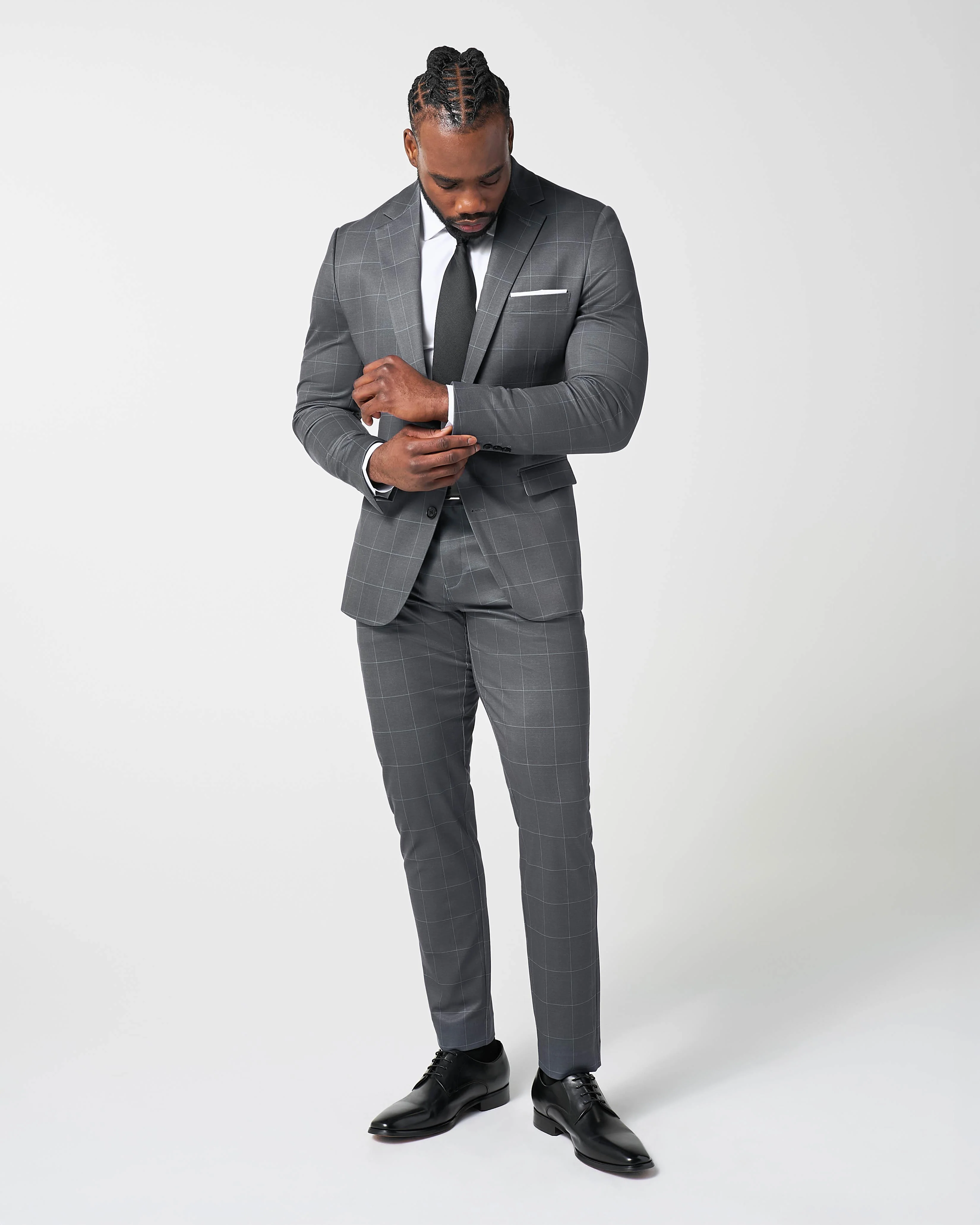 Athletic Fit Stretch Suit Pants - Grey and White Big Windowpane - Image 2