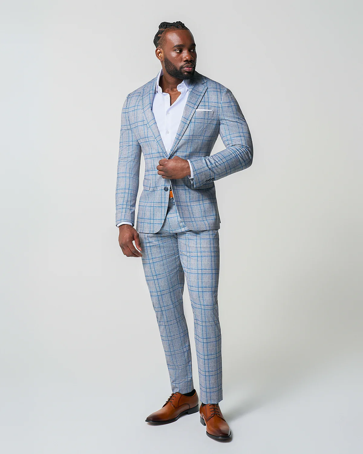Athletic Fit Stretch Suit Pants - Grey & Royal Blue Plaid - Image 4