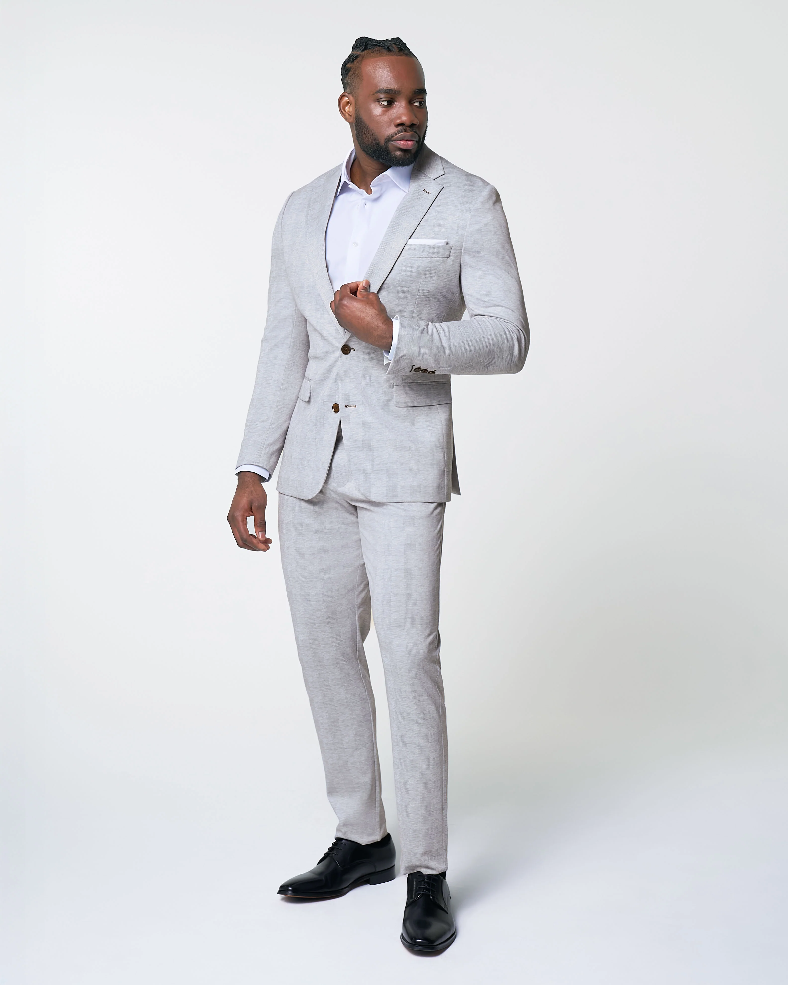 Athletic Fit Stretch Suit Pants - Light Grey Plaid - Image 2