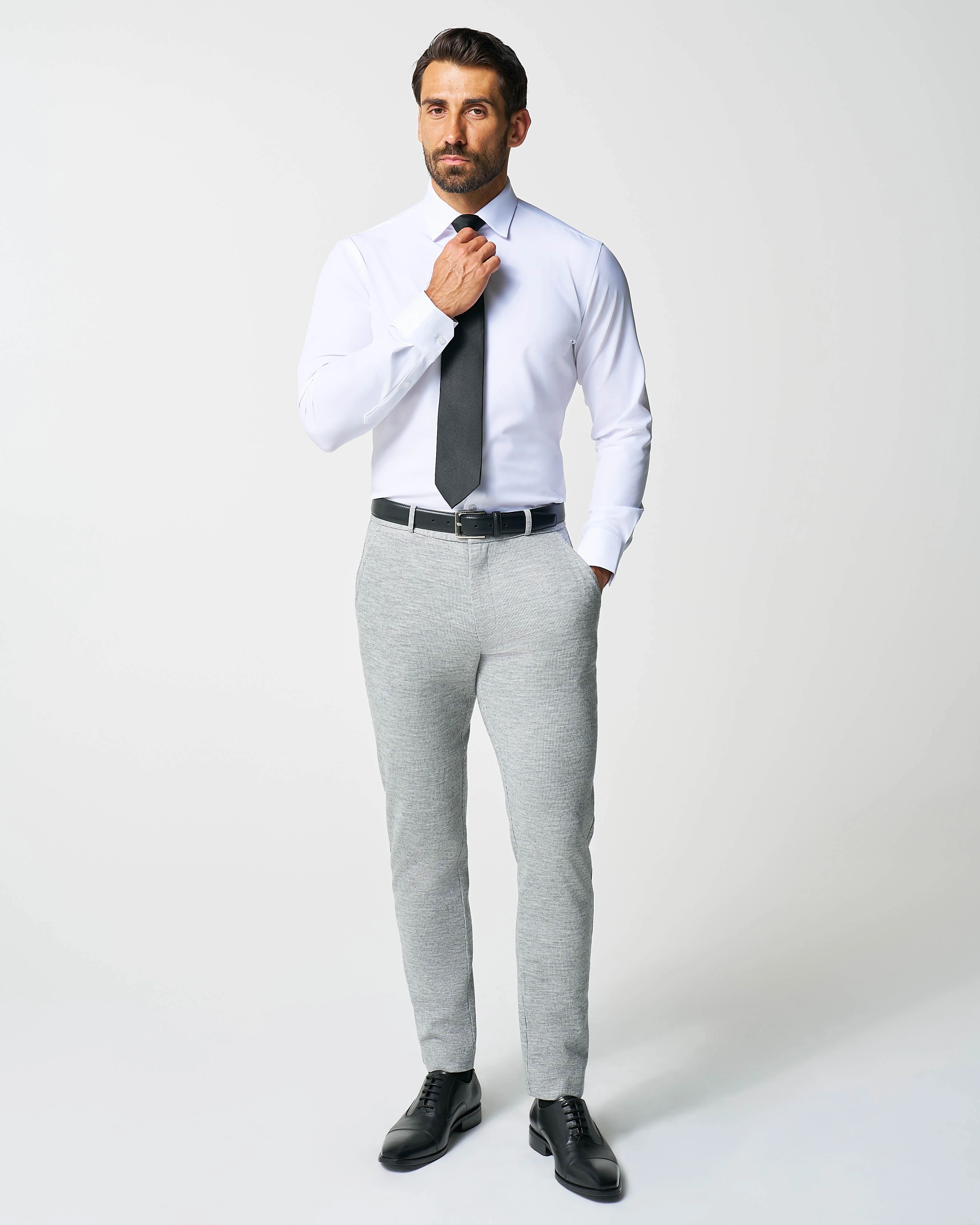 Athletic Fit Stretch Wool Suit Pants - Light Grey with White Mini Stripe - Image 2