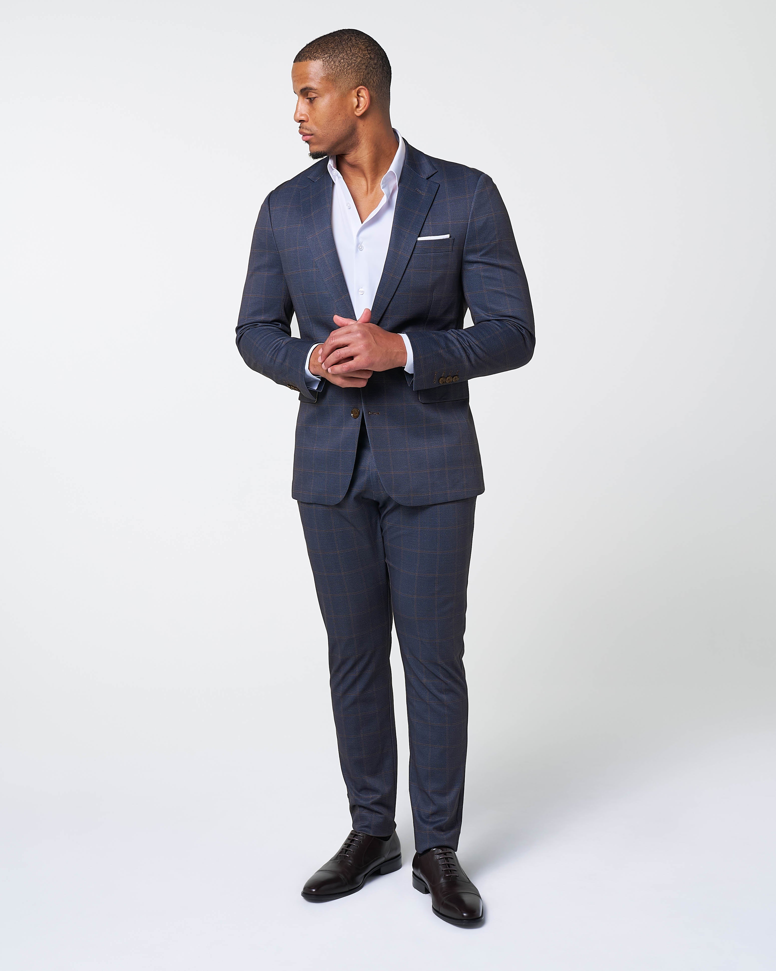 Athletic Fit Stretch Suit Pants - Navy & Brown Windowpane - Image 2