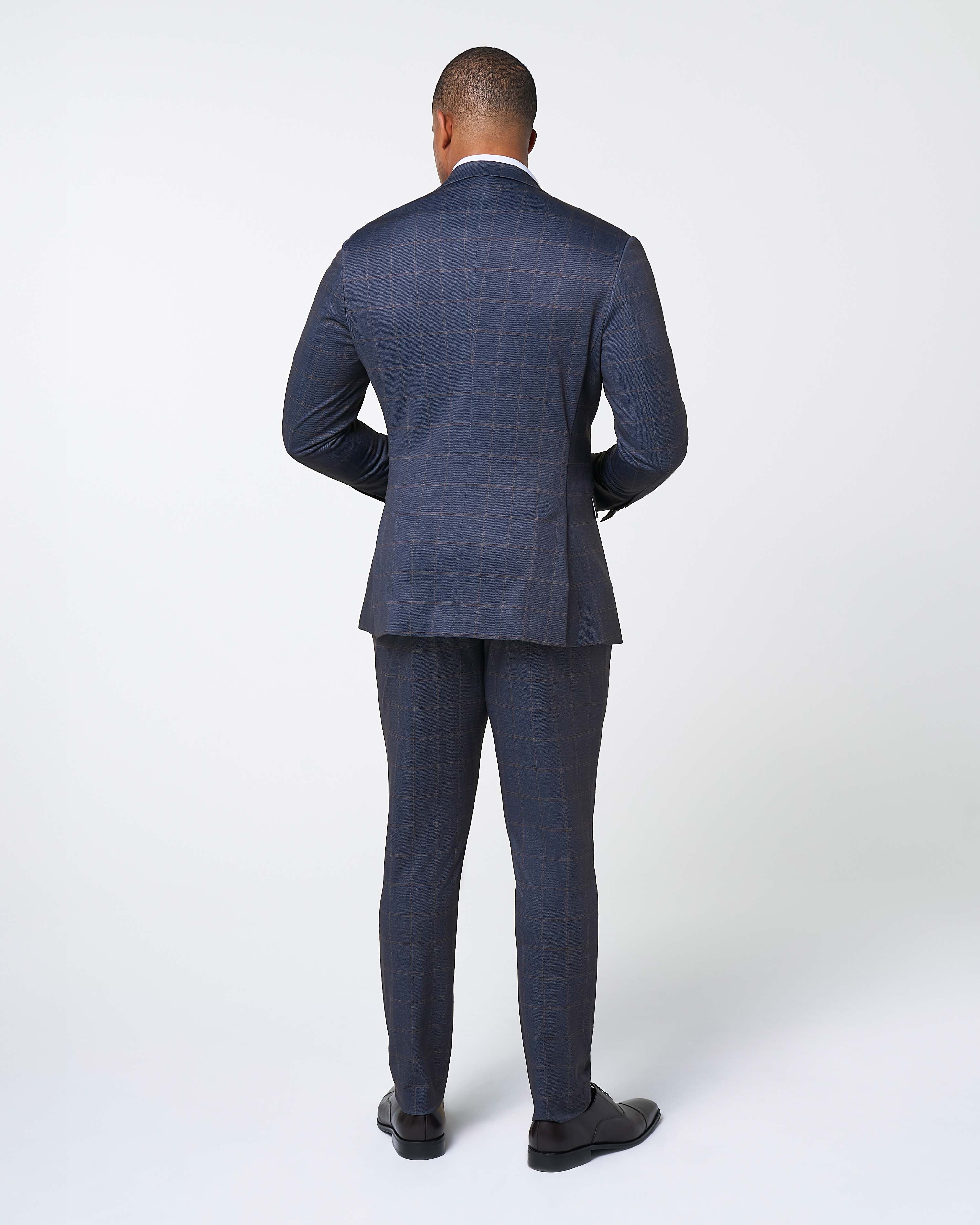 Athletic Fit Stretch Suit Pants - Navy & Brown Windowpane - Image 3
