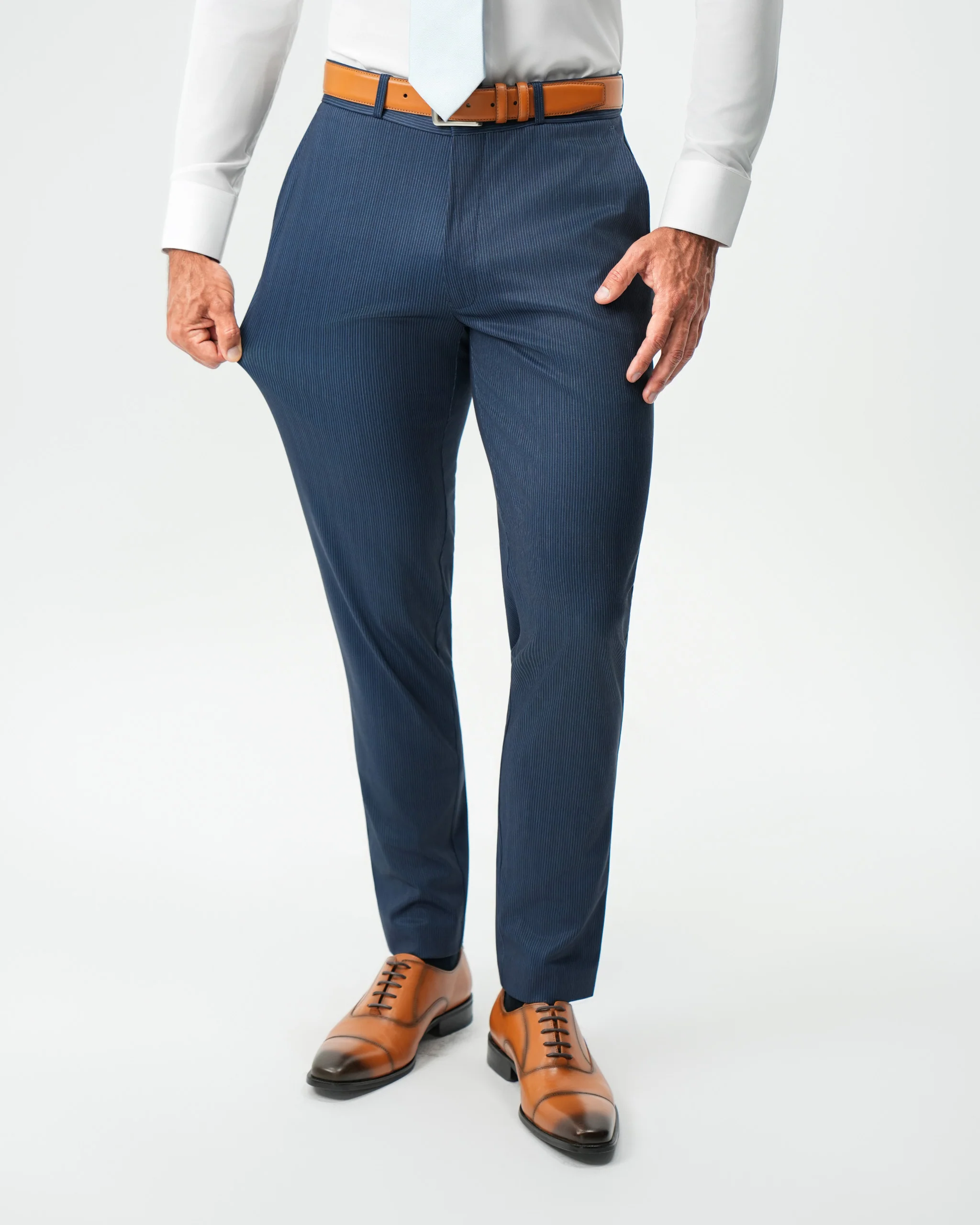 Athletic Fit Stretch Suit Pants - Navy & White Pinstripe - Image 2
