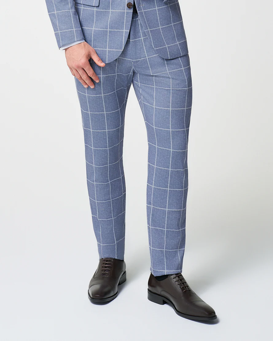 Athletic Fit Stretch Suit Pants - Textured Light Blue with White Windowpane - Image 2