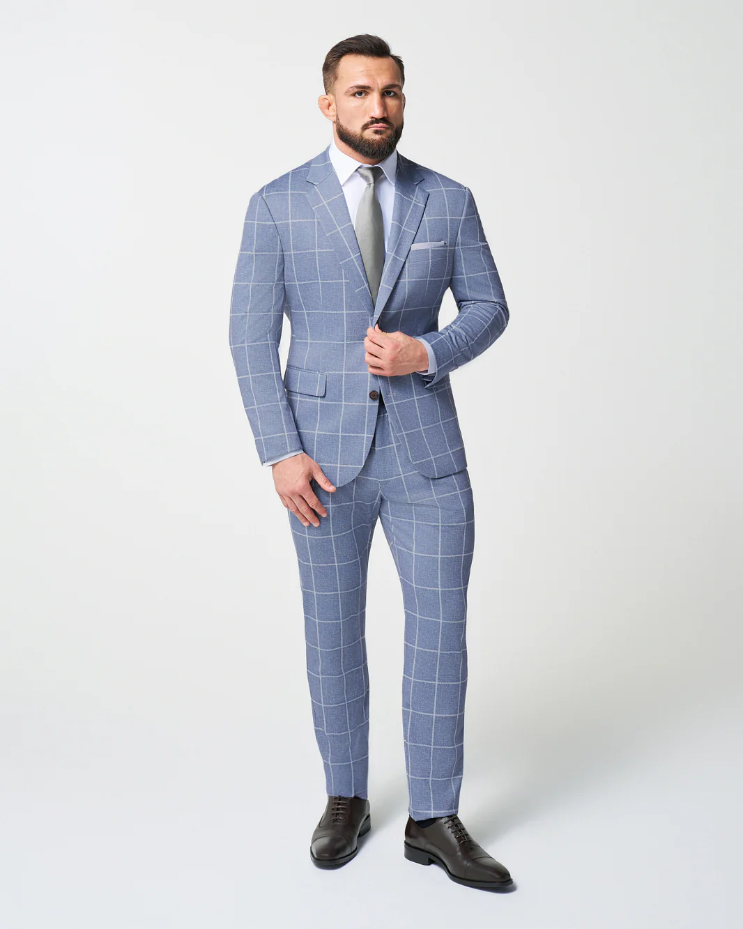 Athletic Fit Stretch Suit Pants - Textured Light Blue with White Windowpane - Image 5