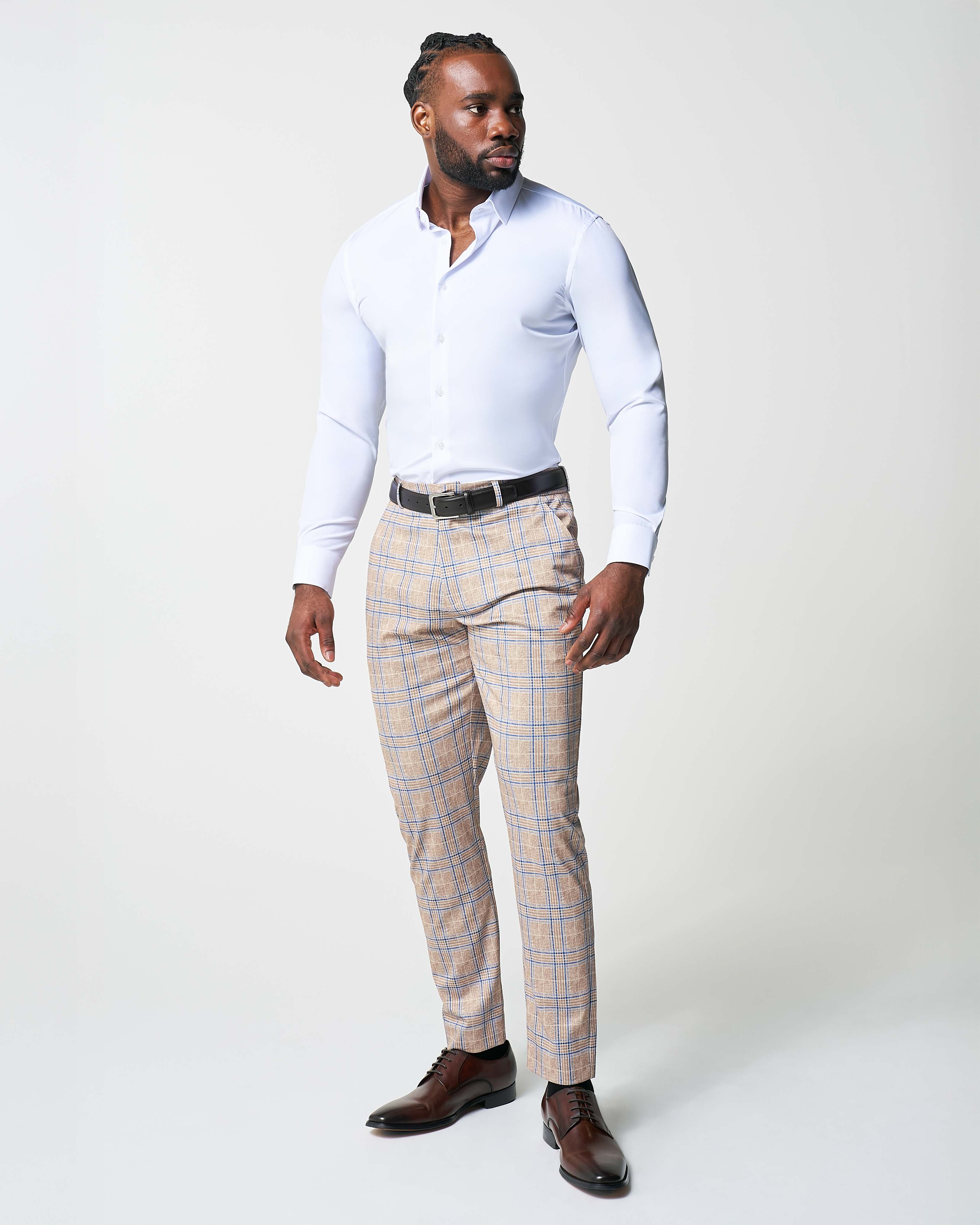 Athletic Fit Stretch Suit - Tan and Blue Plaid - Image 6