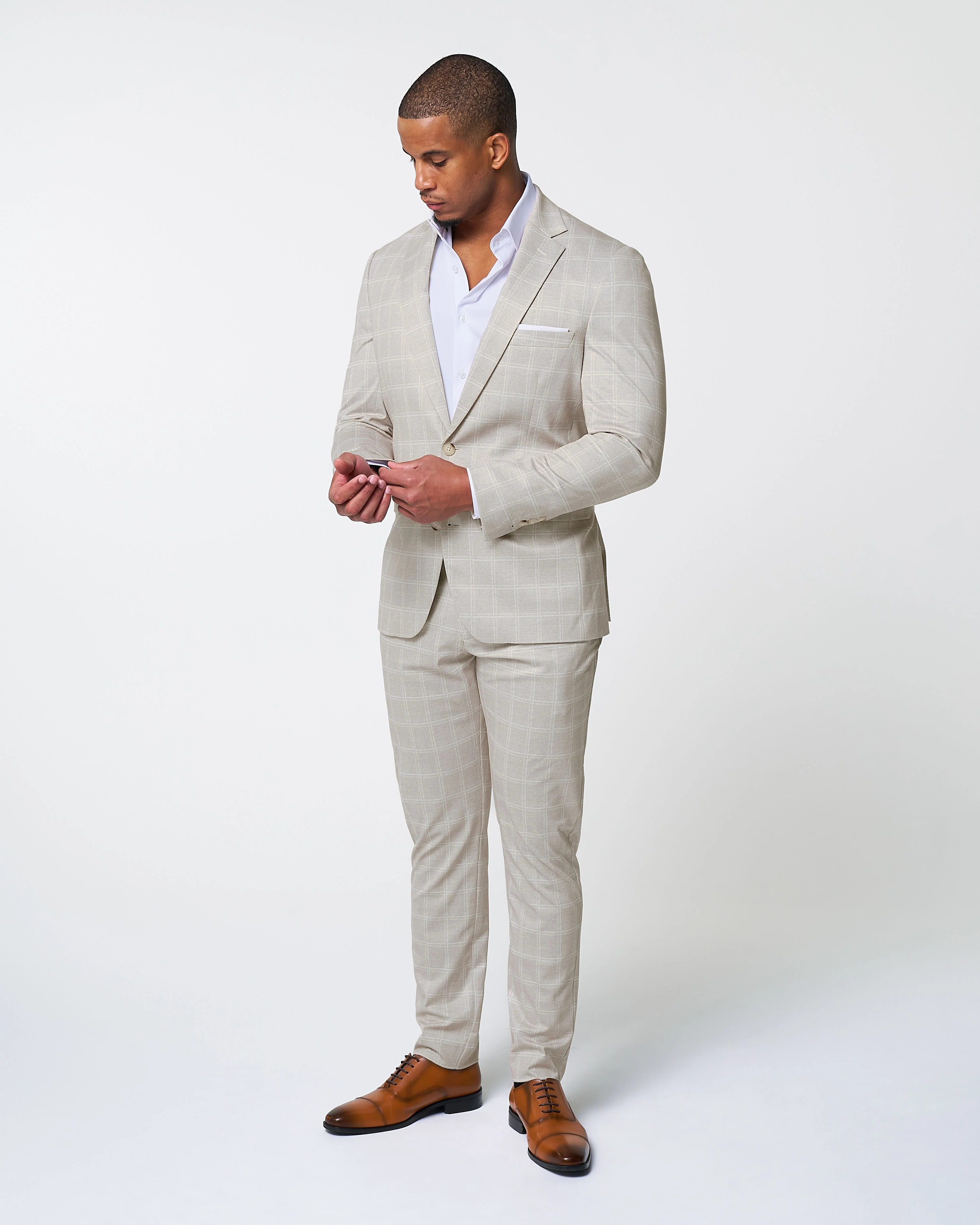 Athletic Fit Stretch Suit - Tan and White Windowpane Suit