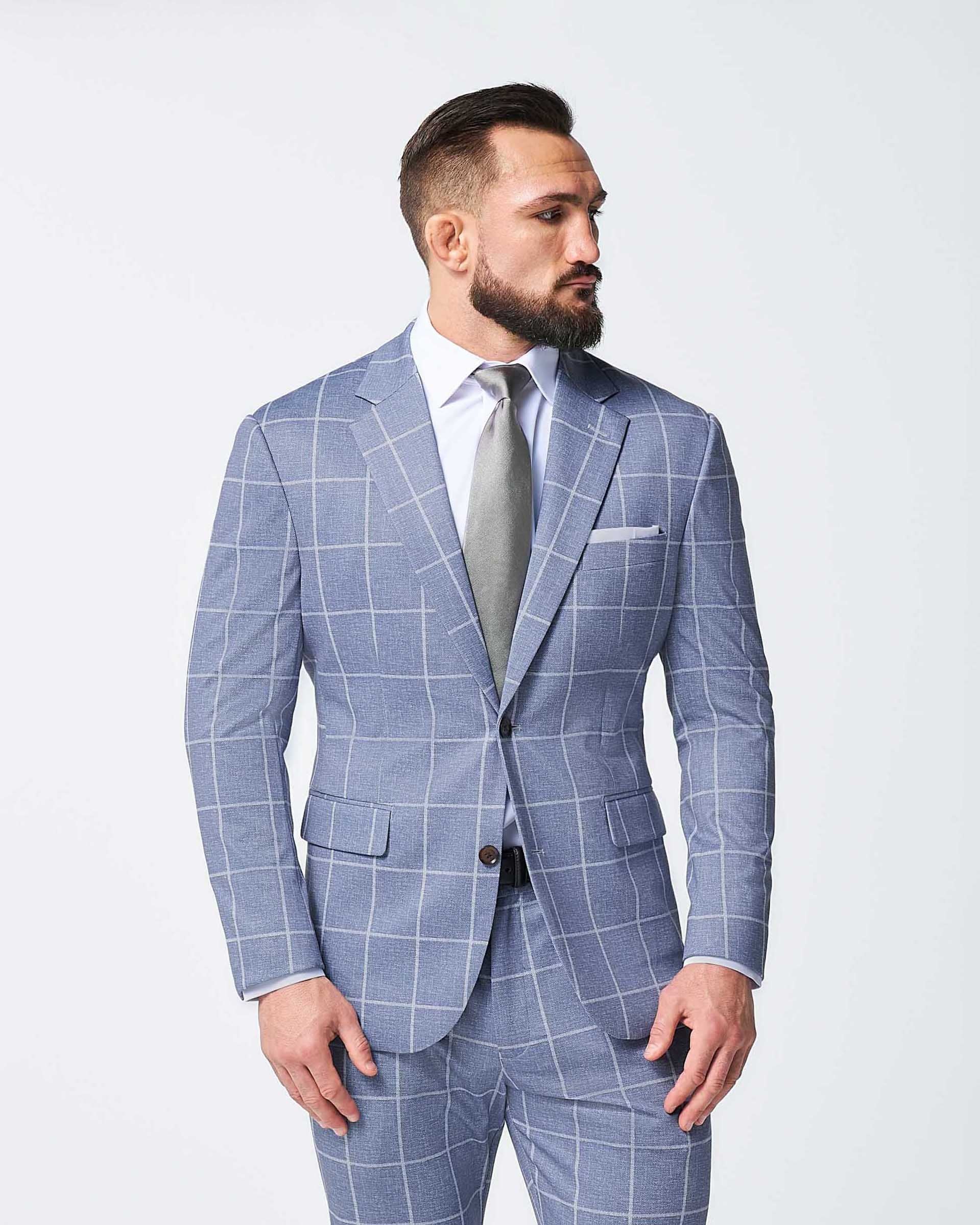 Athletic Fit Stretch Suit - Textured Light Blue with White Windowpane - Image 3