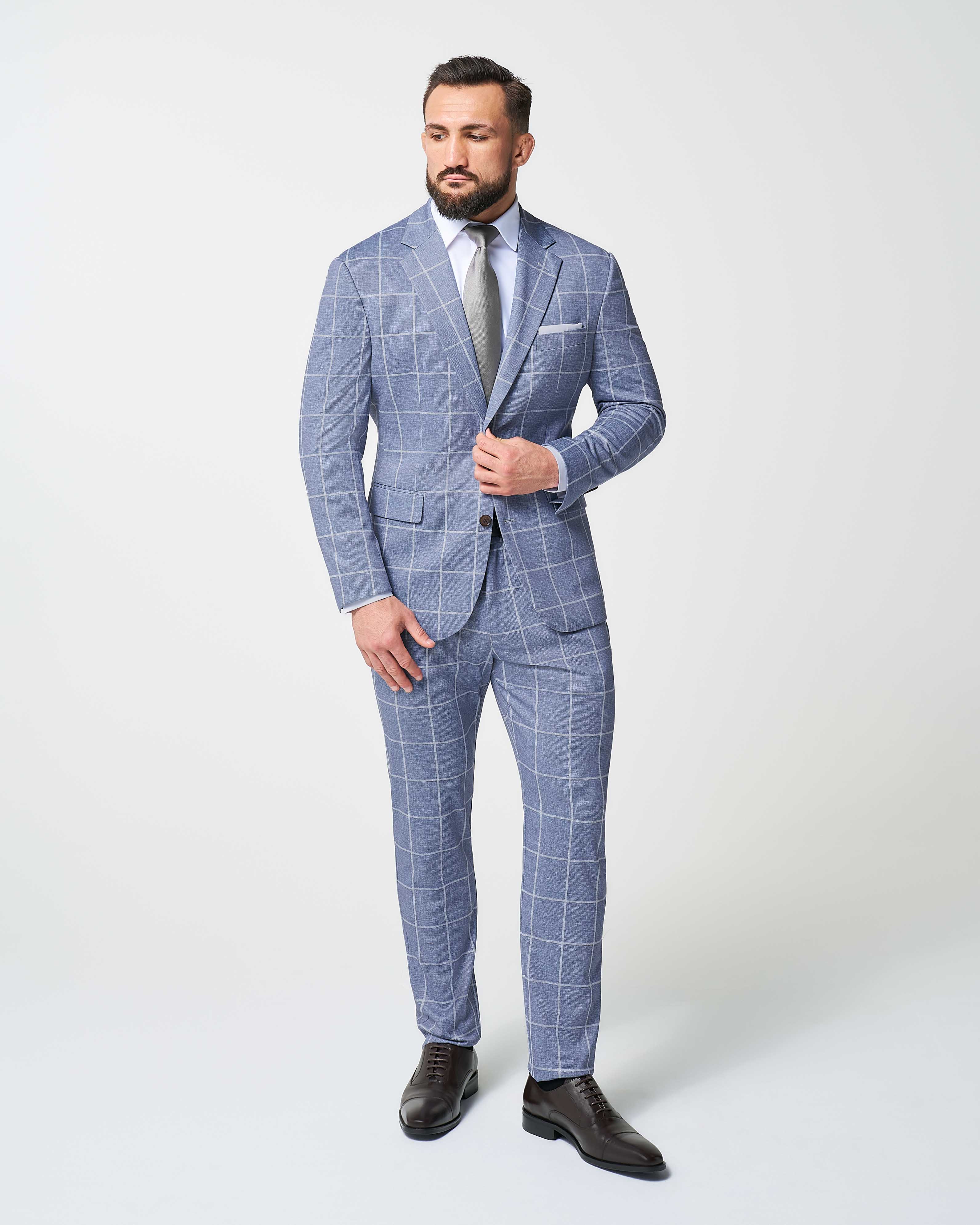 Athletic Fit Stretch Suit - Textured Light Blue with White Windowpane - Image 5