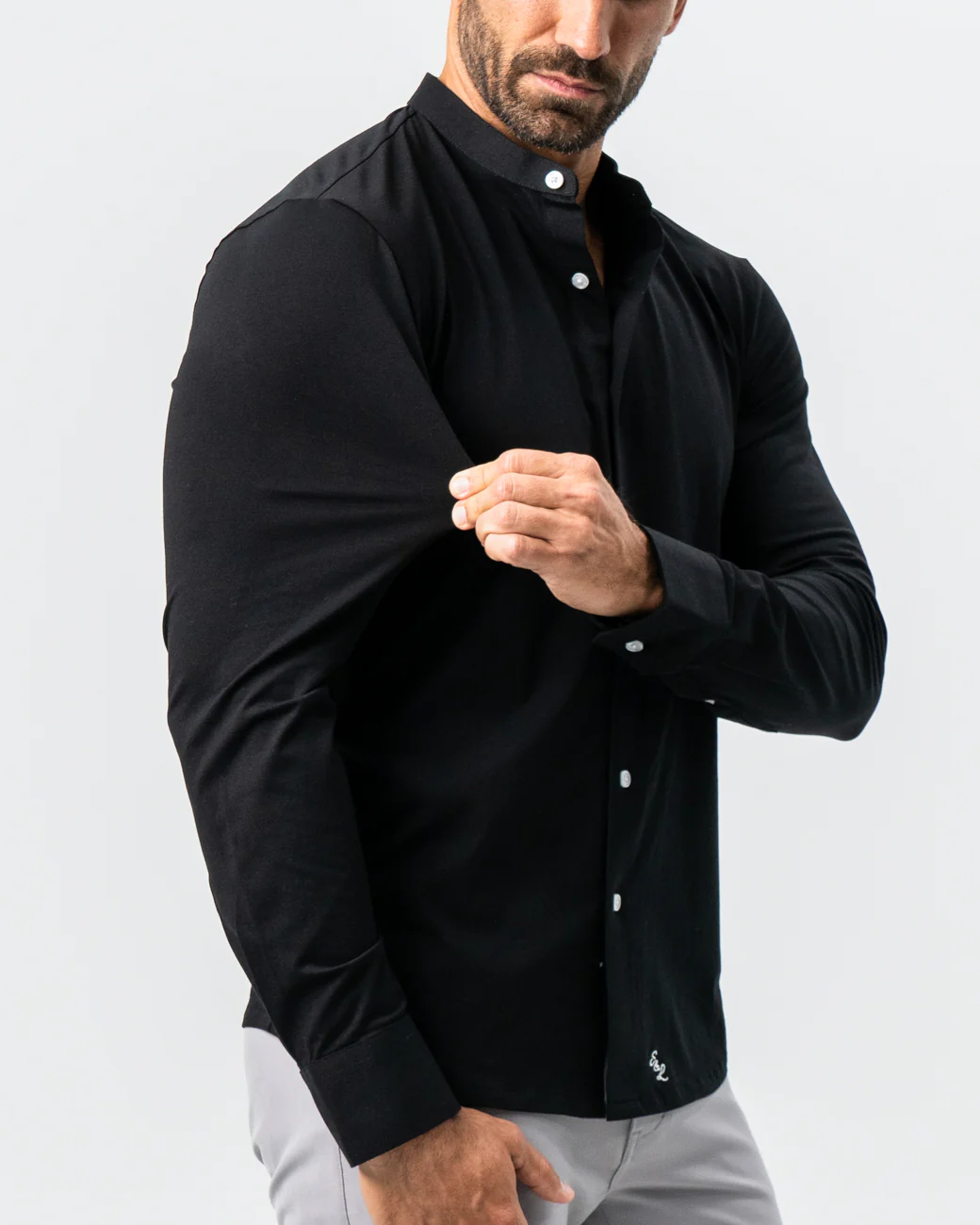 Banded Collar Button Down - Black - Image 3