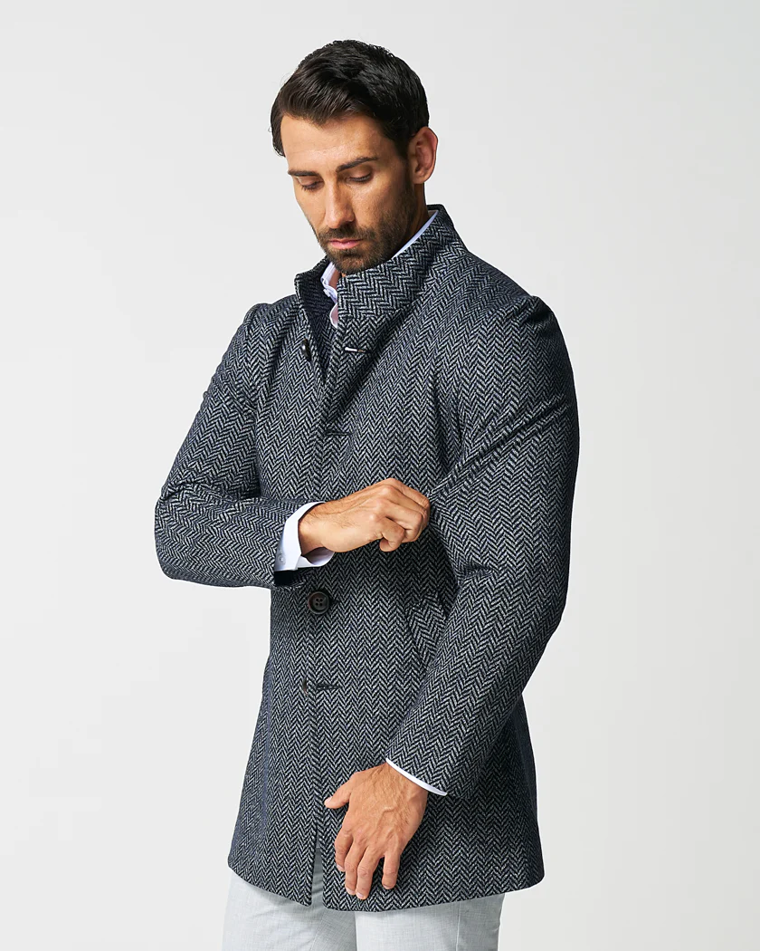 Open Button Overcoat - Navy & Grey Chevron - Image 3