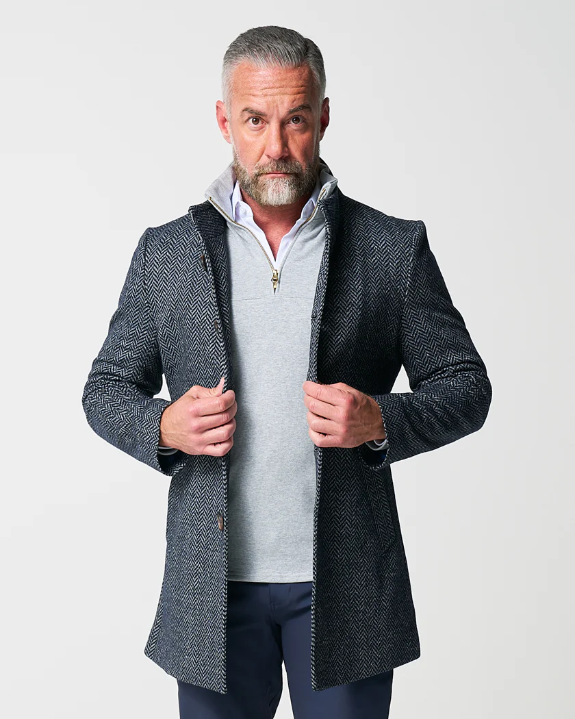 Open Button Overcoat - Navy & Grey Chevron - Image 6