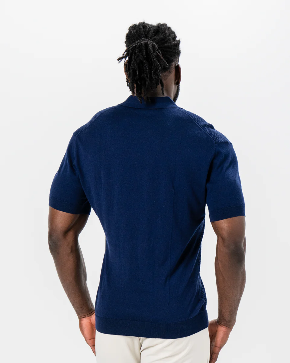 Textured Knit Cashmere Polo - Navy - Image 3