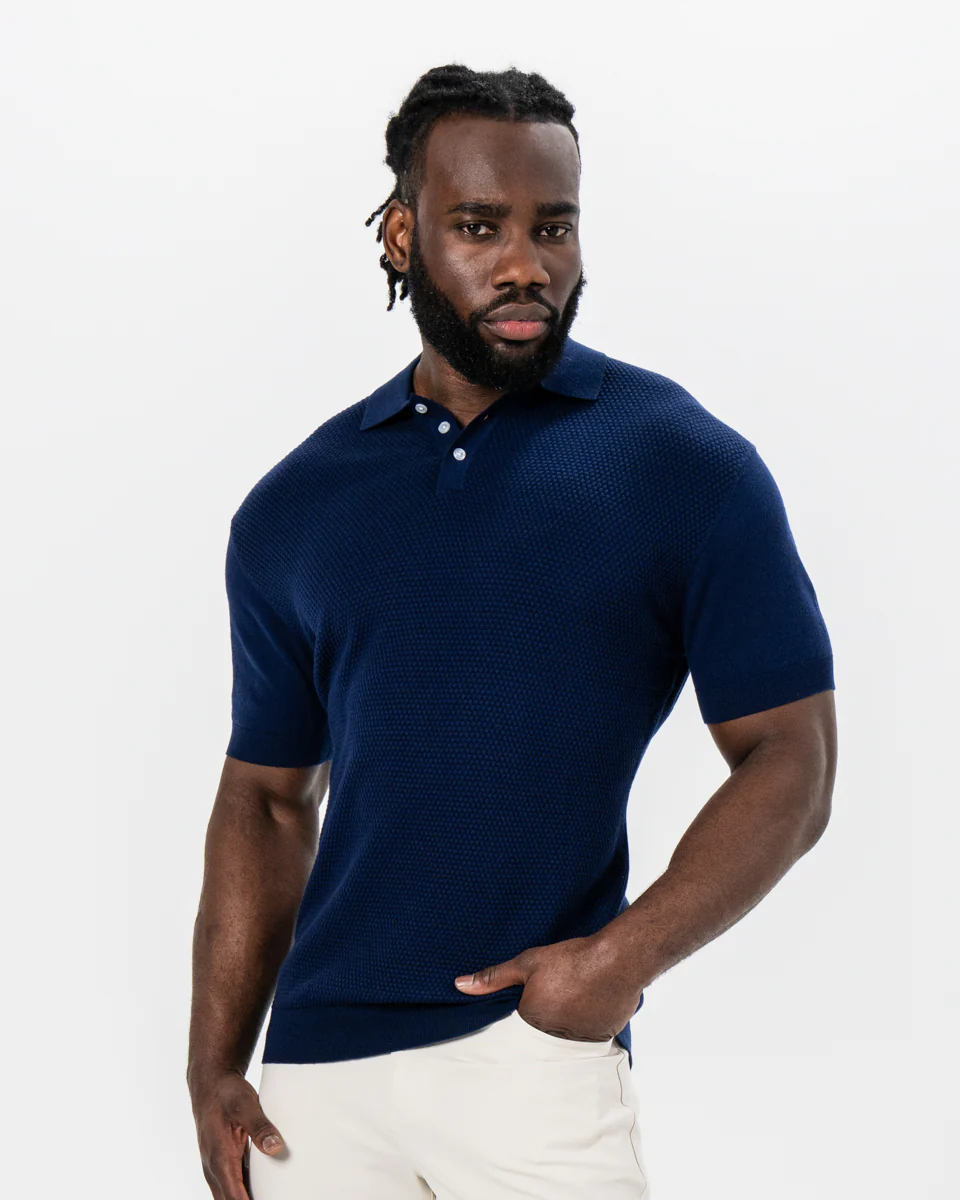 Textured Knit Cashmere Polo - Navy - Image 4