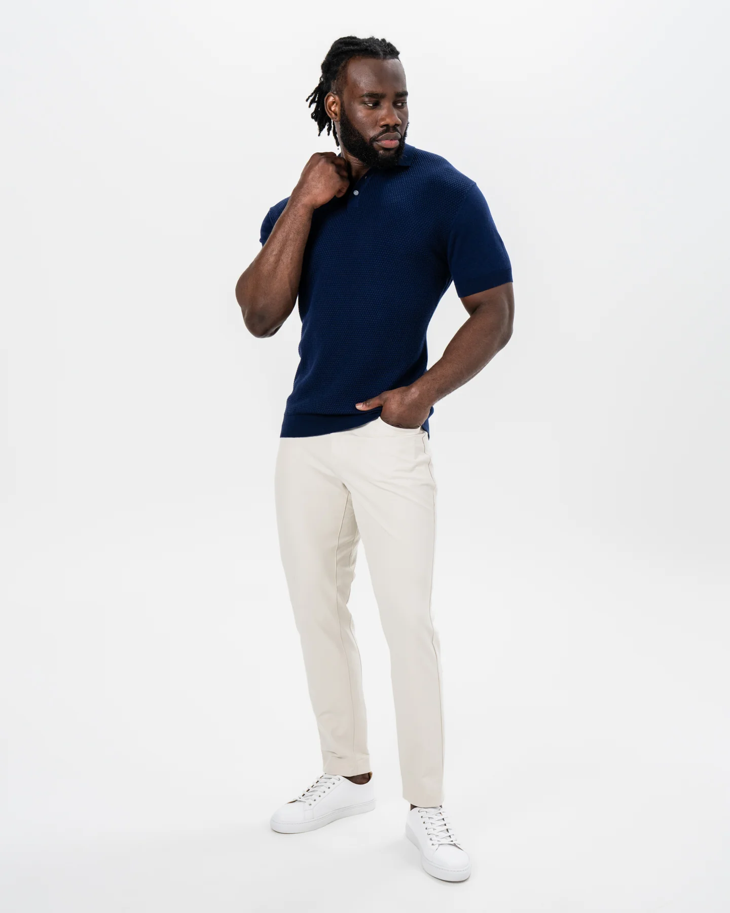 Textured Knit Cashmere Polo - Navy - Image 5