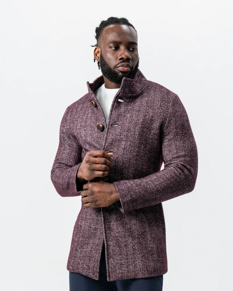 Maroon Herringbone Open Button Overcoat - Image 5