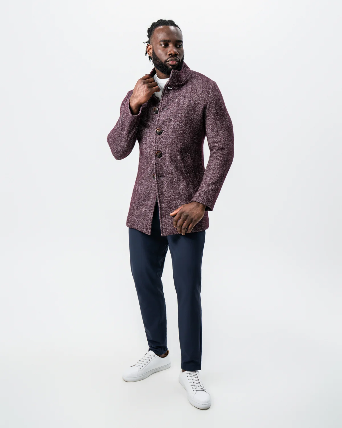 Maroon Herringbone Open Button Overcoat - Image 8