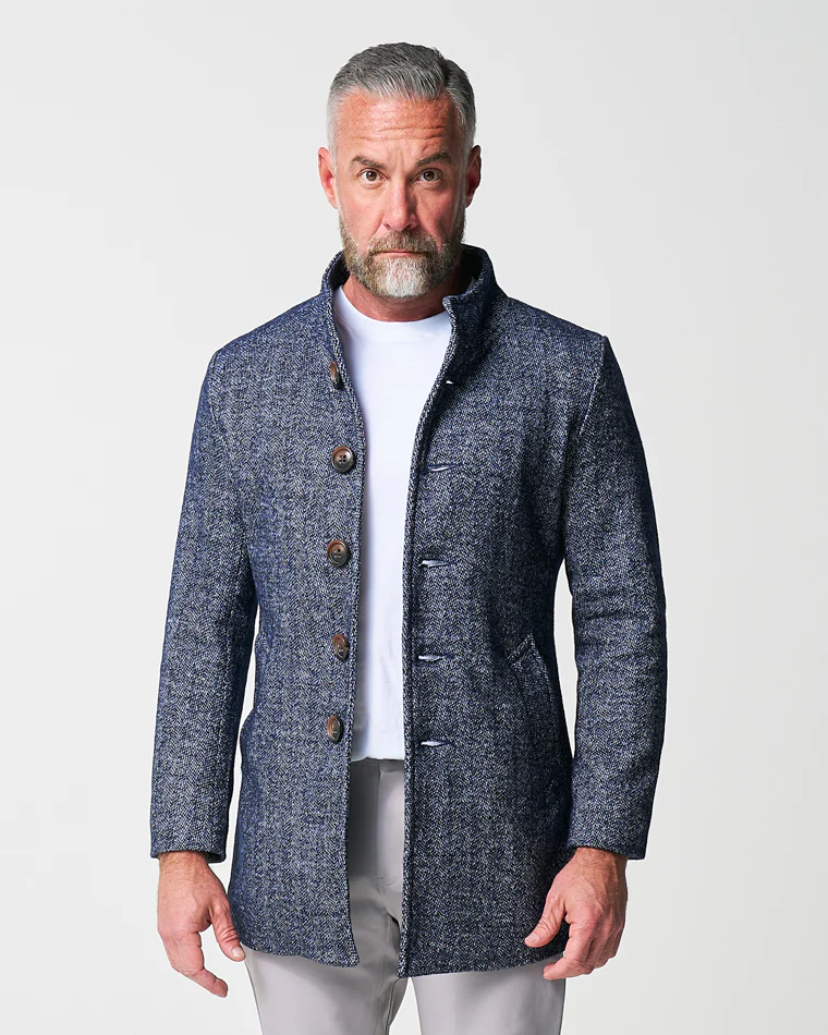 Open Button Overcoat - Navy Herringbone - Image 4