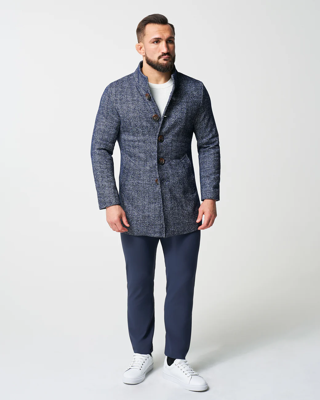 Open Button Overcoat - Navy Herringbone - Image 6