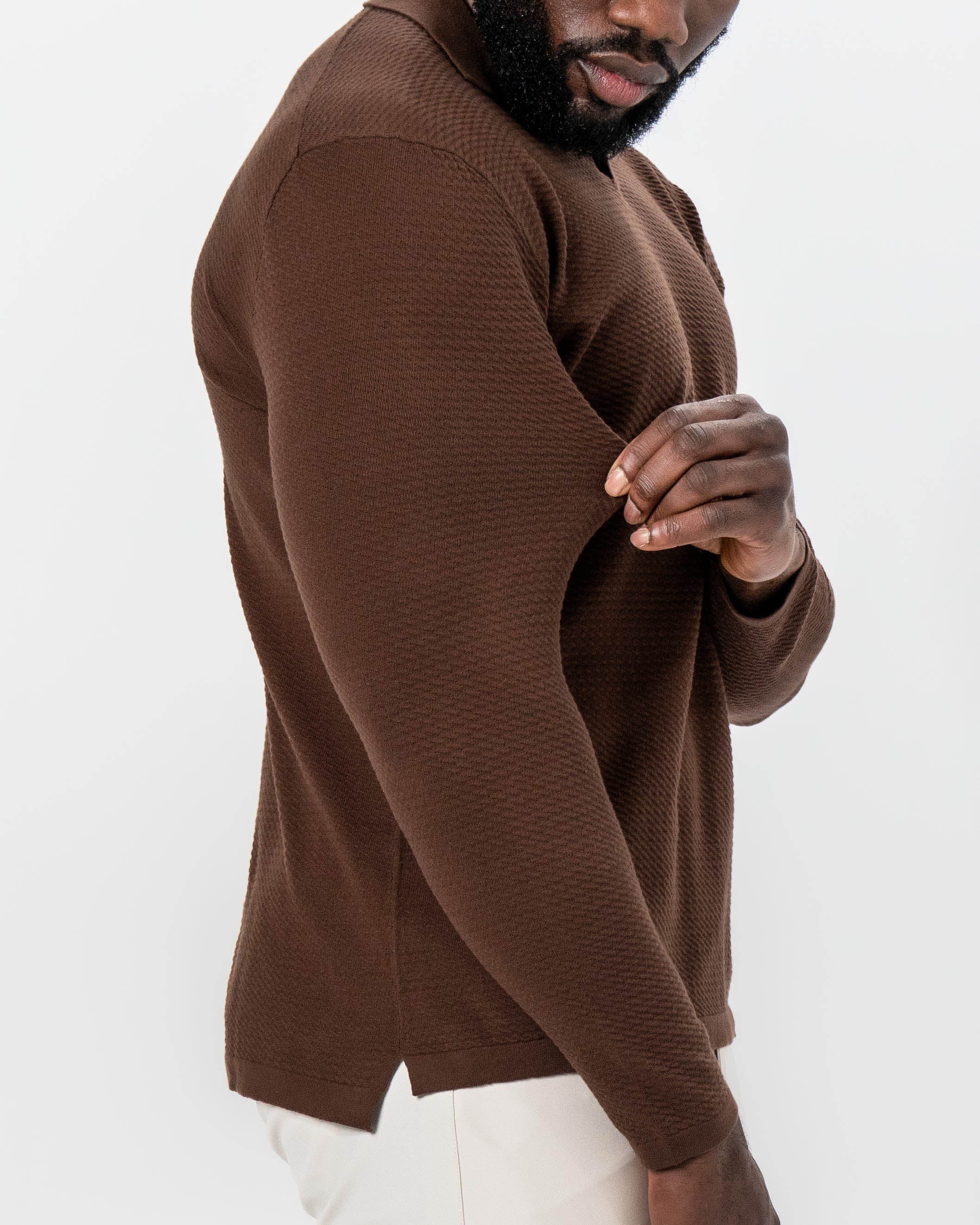 Textured Buttonless Long Sleeve Polo - Brown - Image 2