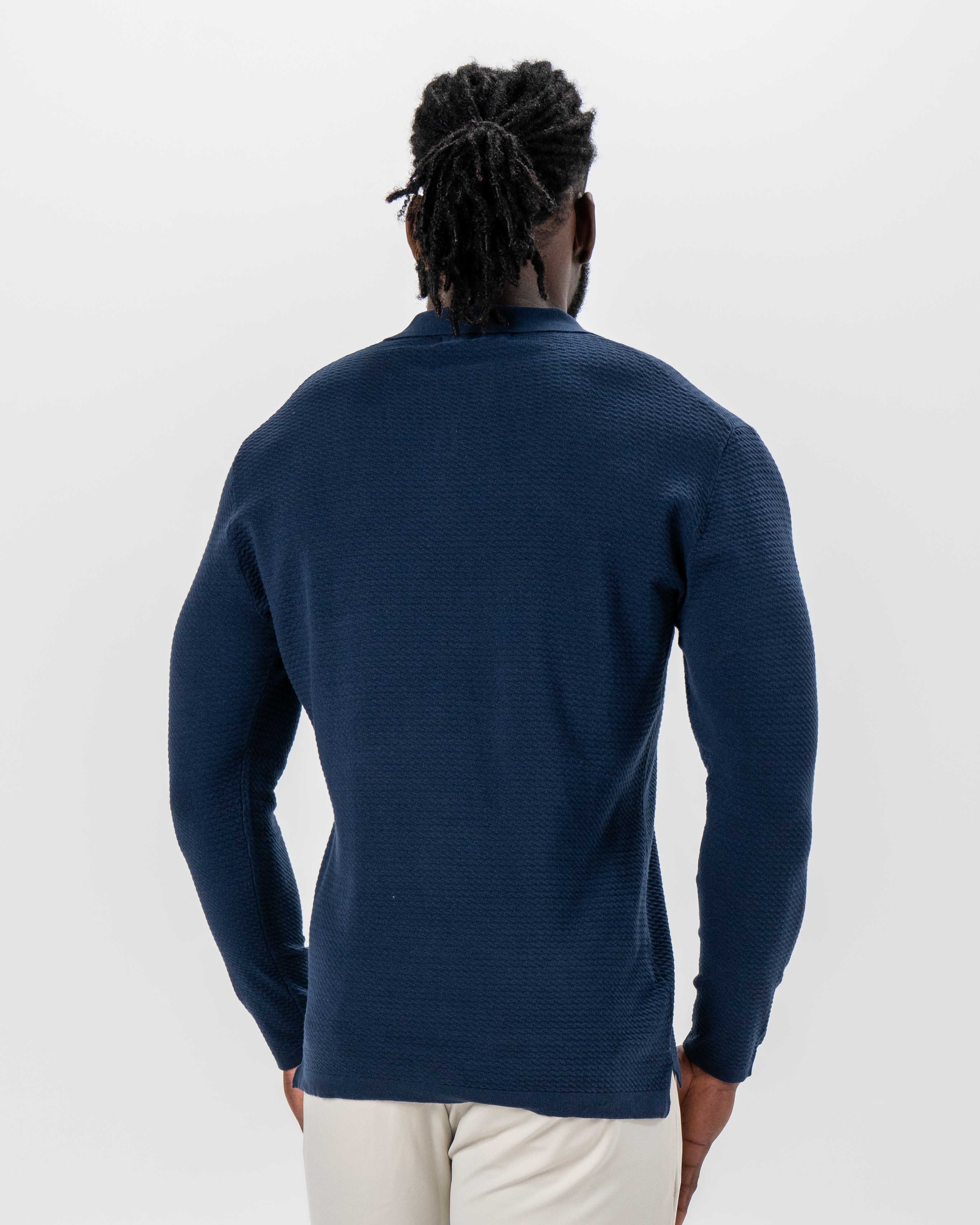 Textured Buttonless Long Sleeve Polo - Navy - Image 3