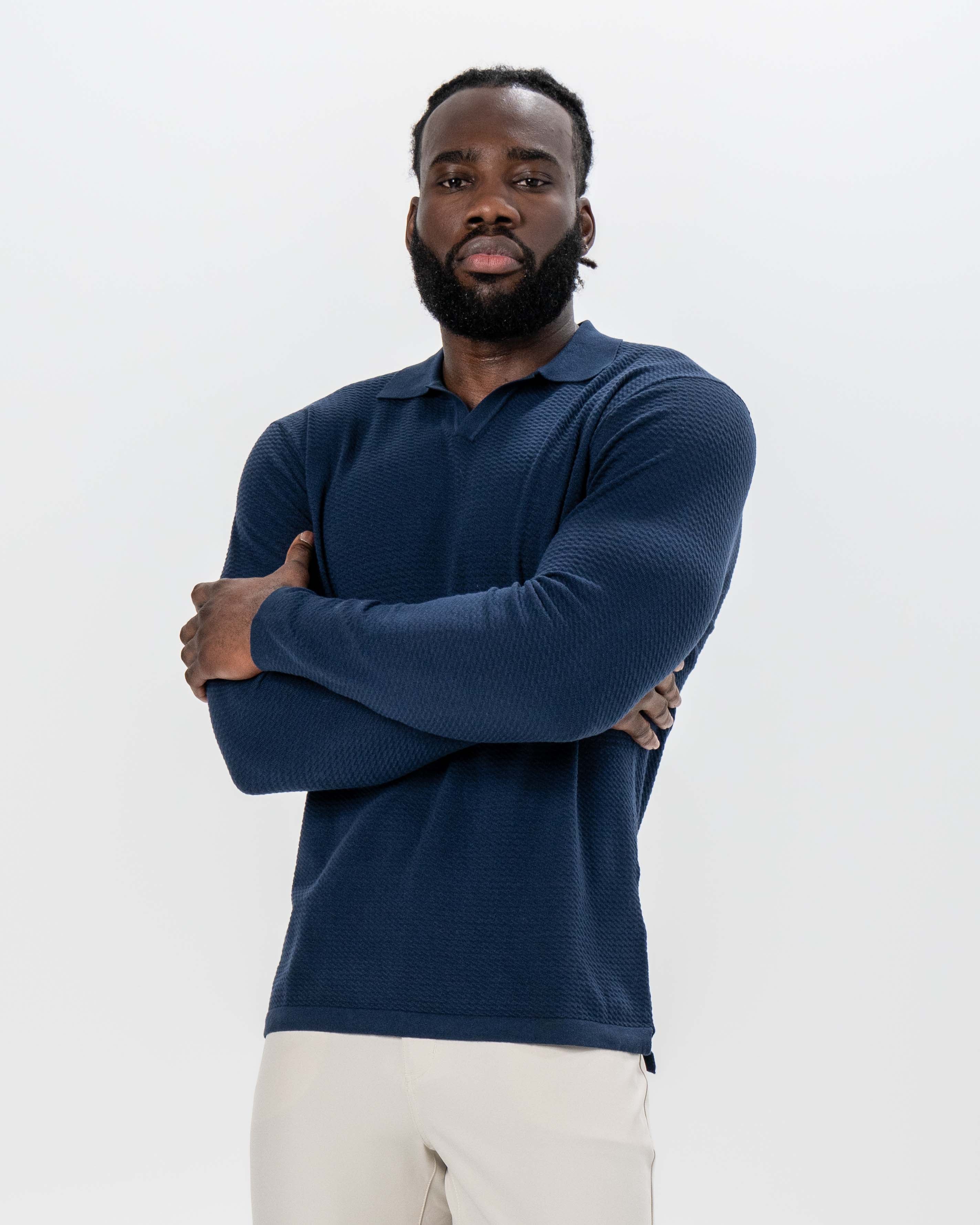 Textured Buttonless Long Sleeve Polo - Navy - Image 4