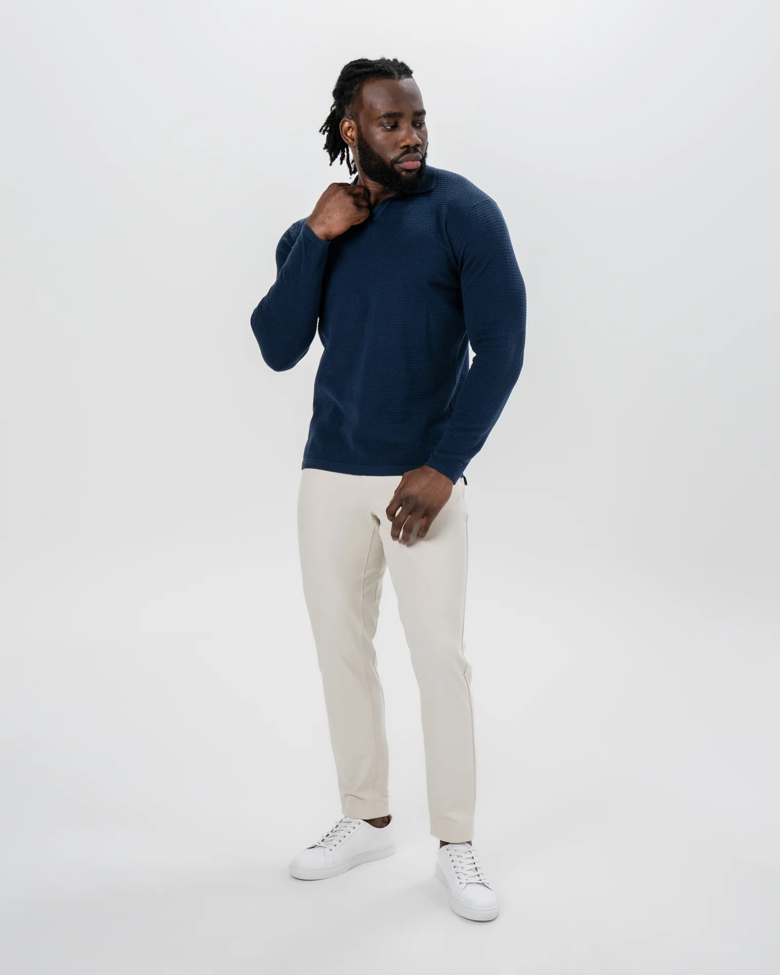 Textured Buttonless Long Sleeve Polo - Navy - Image 5