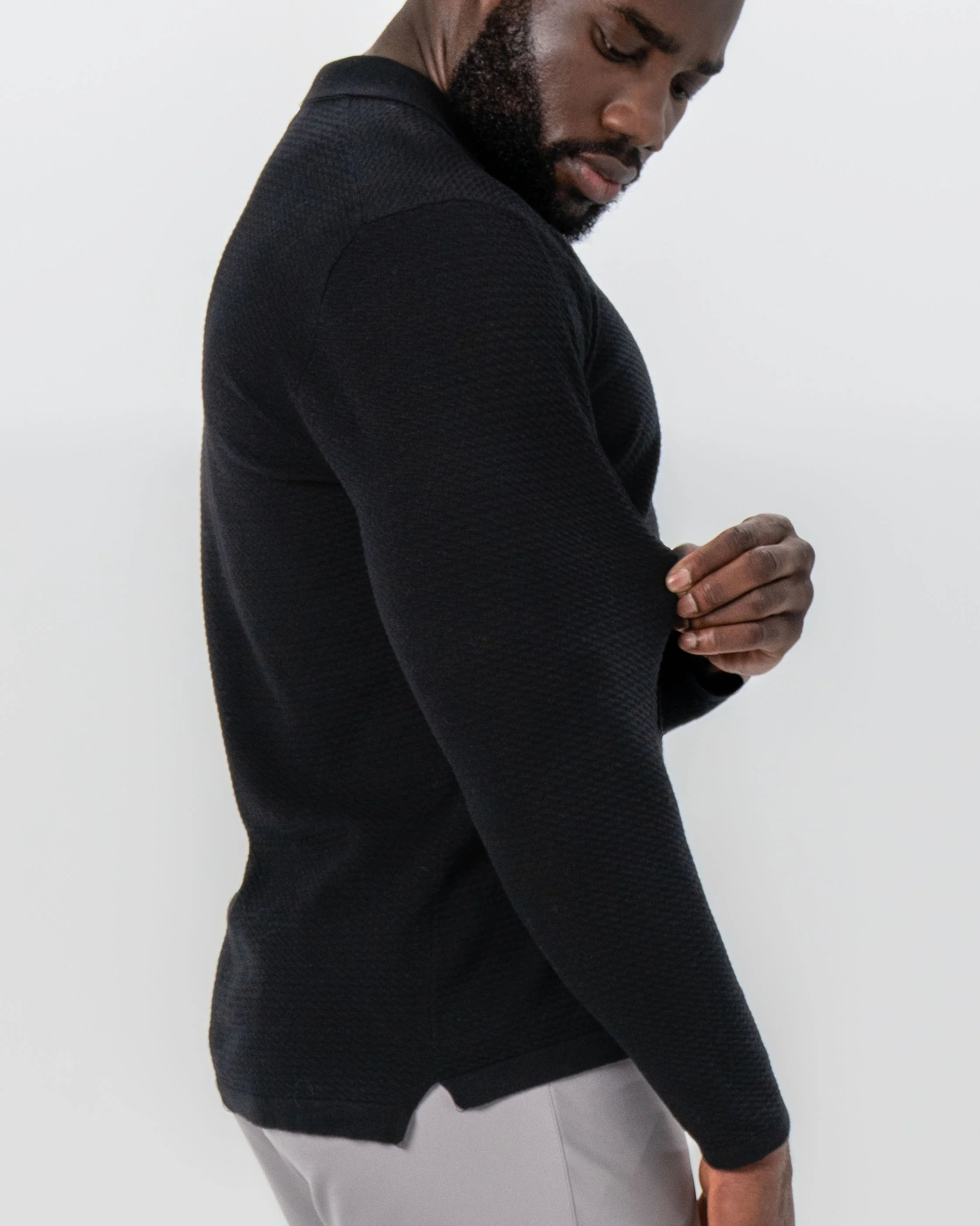 Textured Buttonless Long Sleeve Polo - Black - Image 3